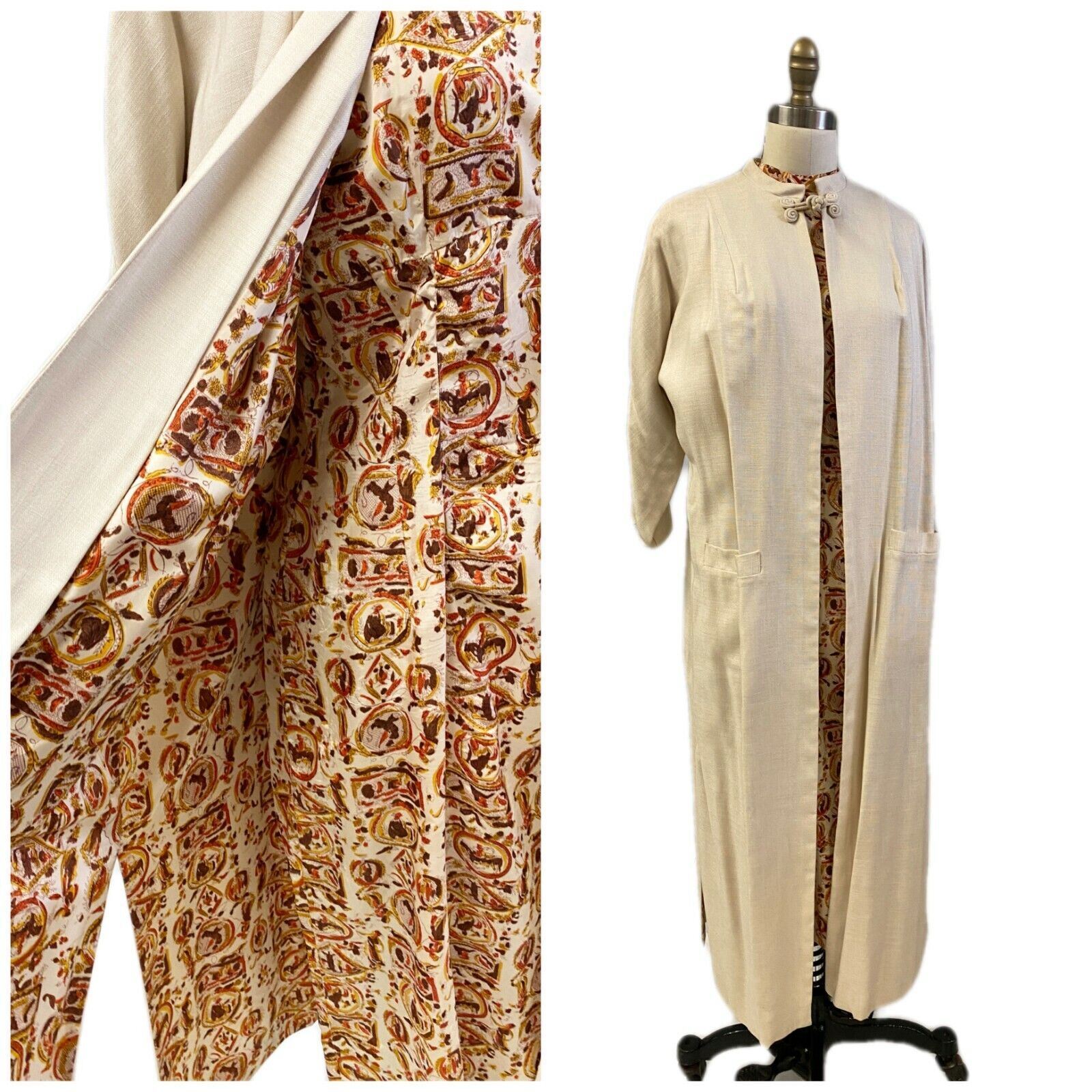 VTG 1950s Matching Dress & Coat Set Orange Gold Linen MadMen Sheath Sz M