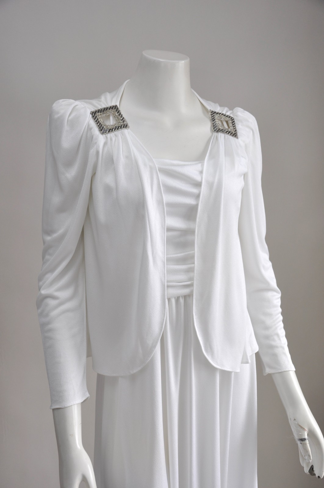 Vintage 1970s White Jersey Knit Open Back Cowl Neck Disco Dress Jacket XS-M