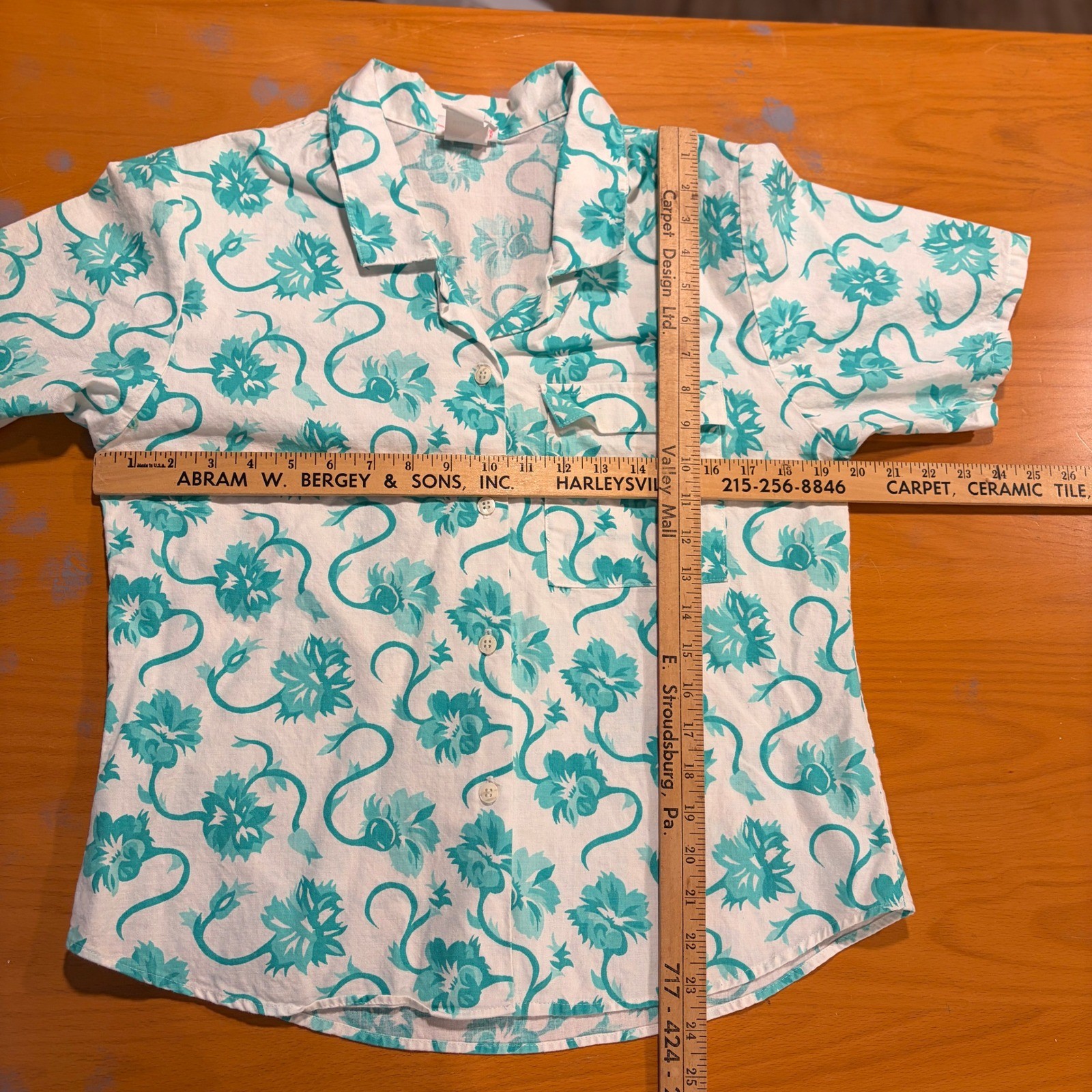 Cos Cob Vintage Teal White Floral Cotton Short Sleeve Button Up Shirt USA L