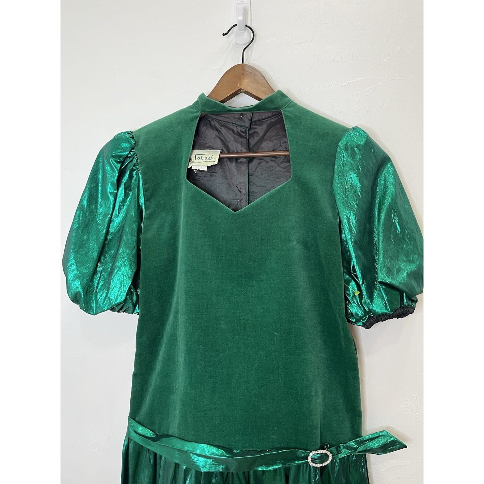 Tobael Vintage Dress Women Size 8 Green Good Velvet Metallic Puffed Sleeve 8464
