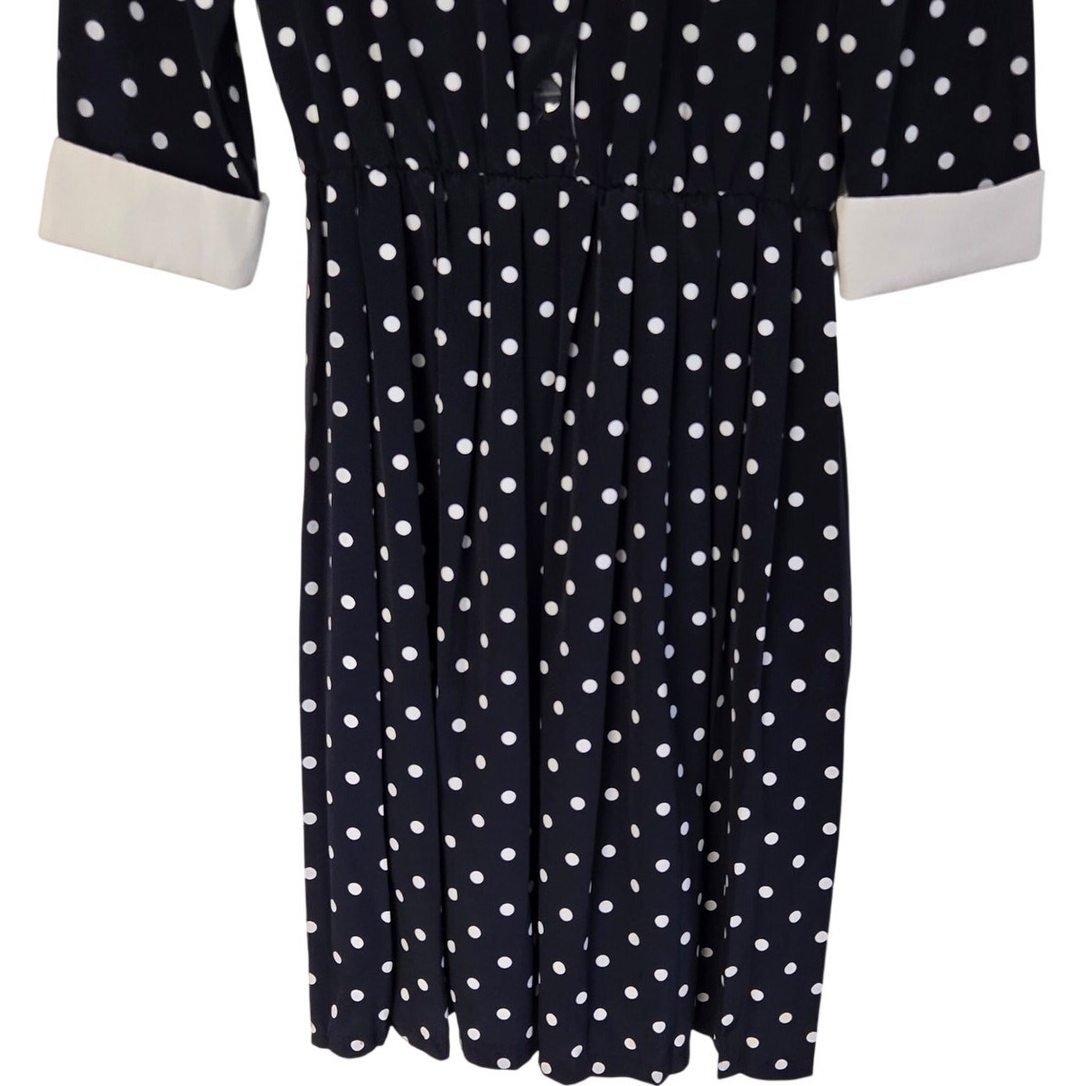 Vintage Serbin Dark Academia Blue Polka Dot Midi Shirt Dress Contrast Collar 10