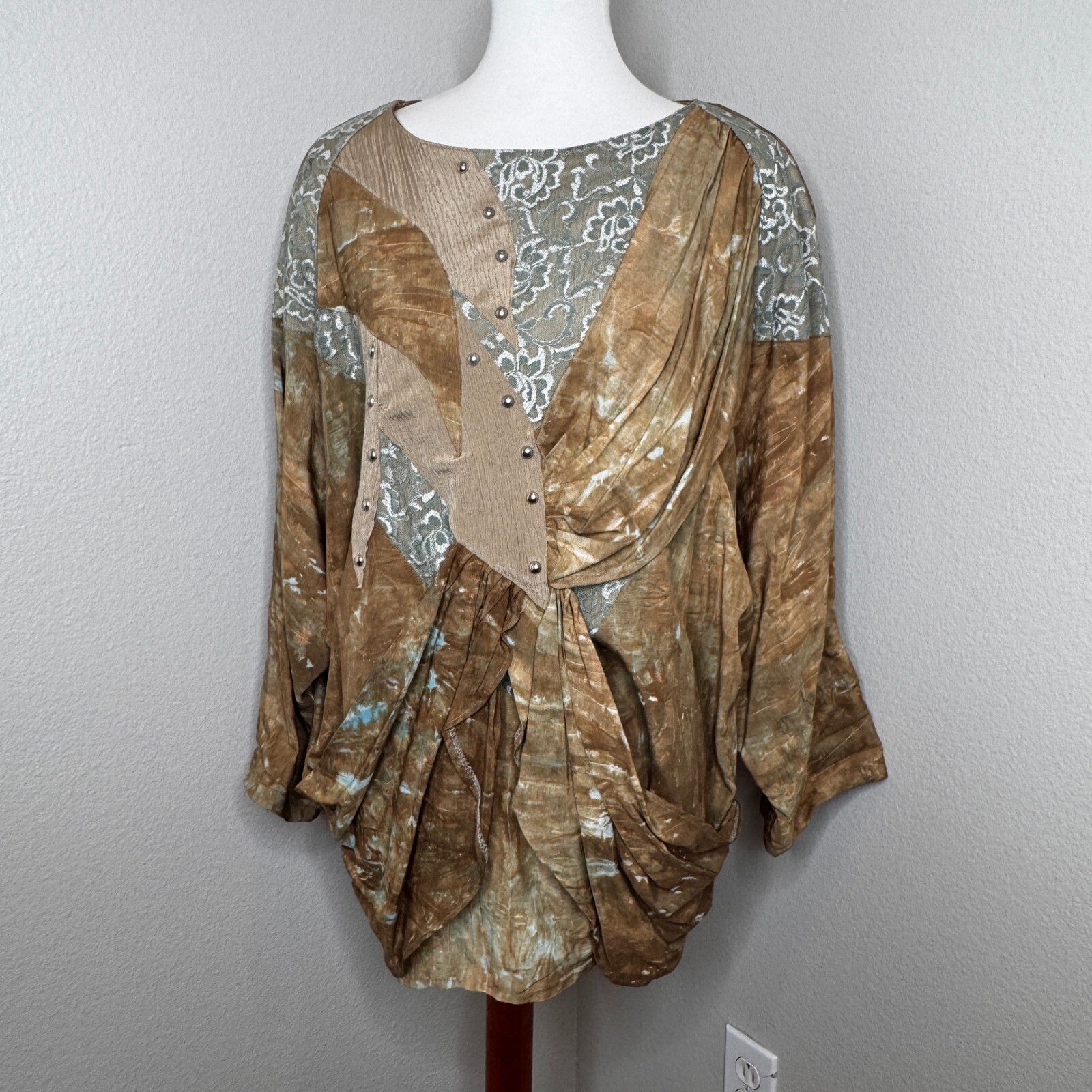 VTG MON-LIZE 80s Tunic Top MED/LG Mixed Media Made France Brown Artsy Lagenlook