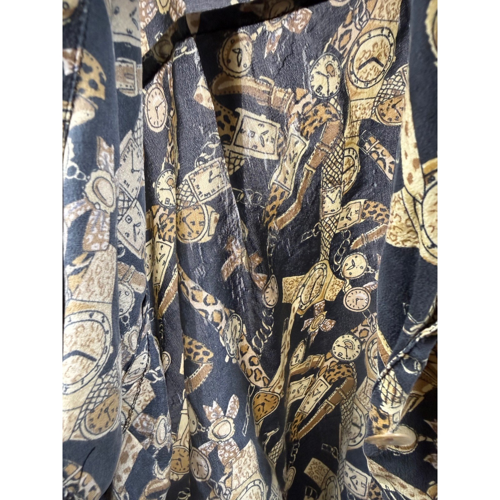 Natalie & Me Vintage 100% Silk Watch leopard Print Button Shirt Large Black 90s