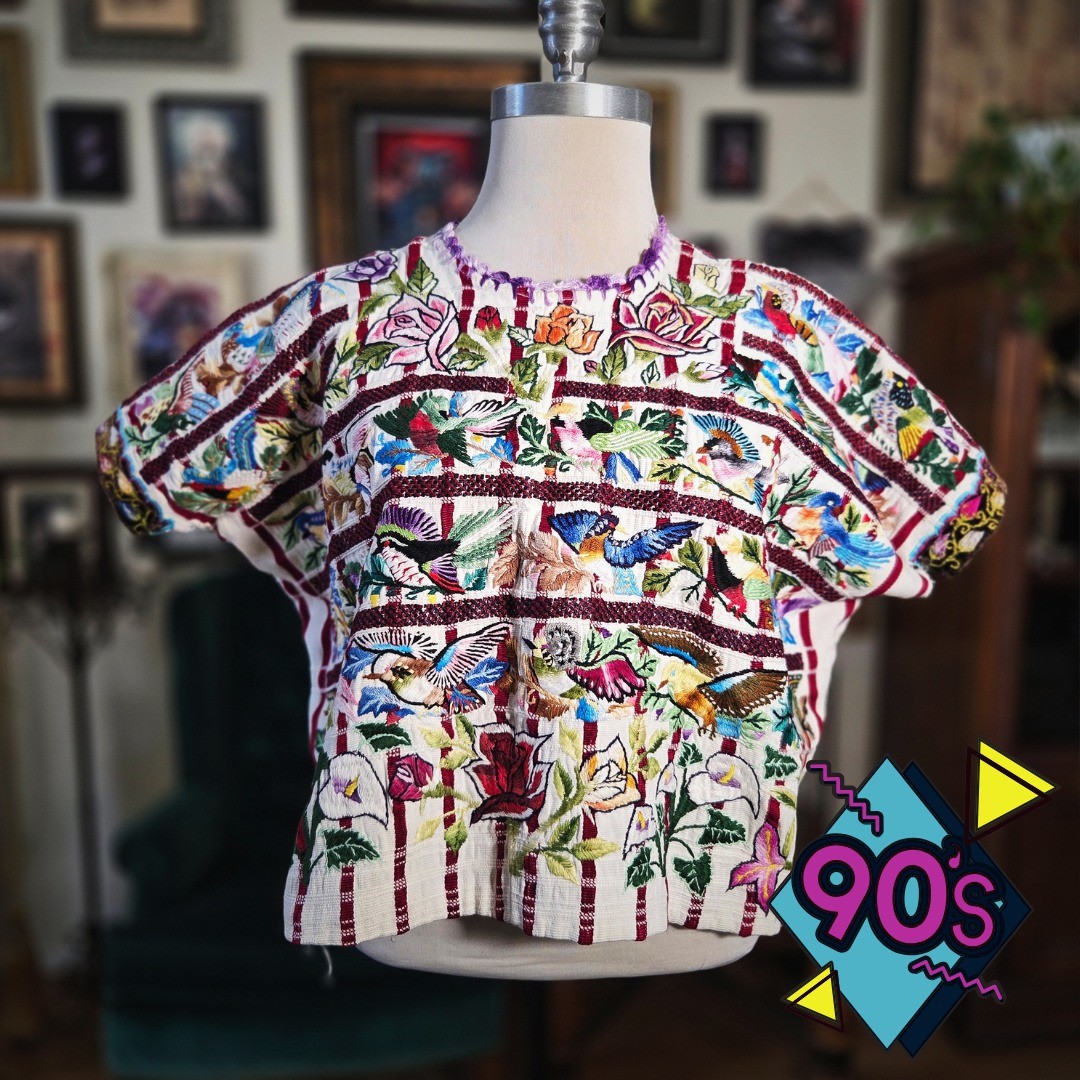 Guatemalan Huipil Vintage 80s Embroidered Bird Floral Boho Crop Top Blouse M