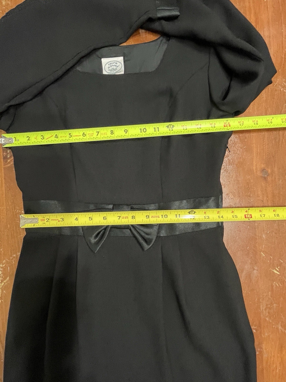 VTG Laura Ashley Black Dress Bow Front Satin Trim Audrey Hepburn 50s’ Sz 6