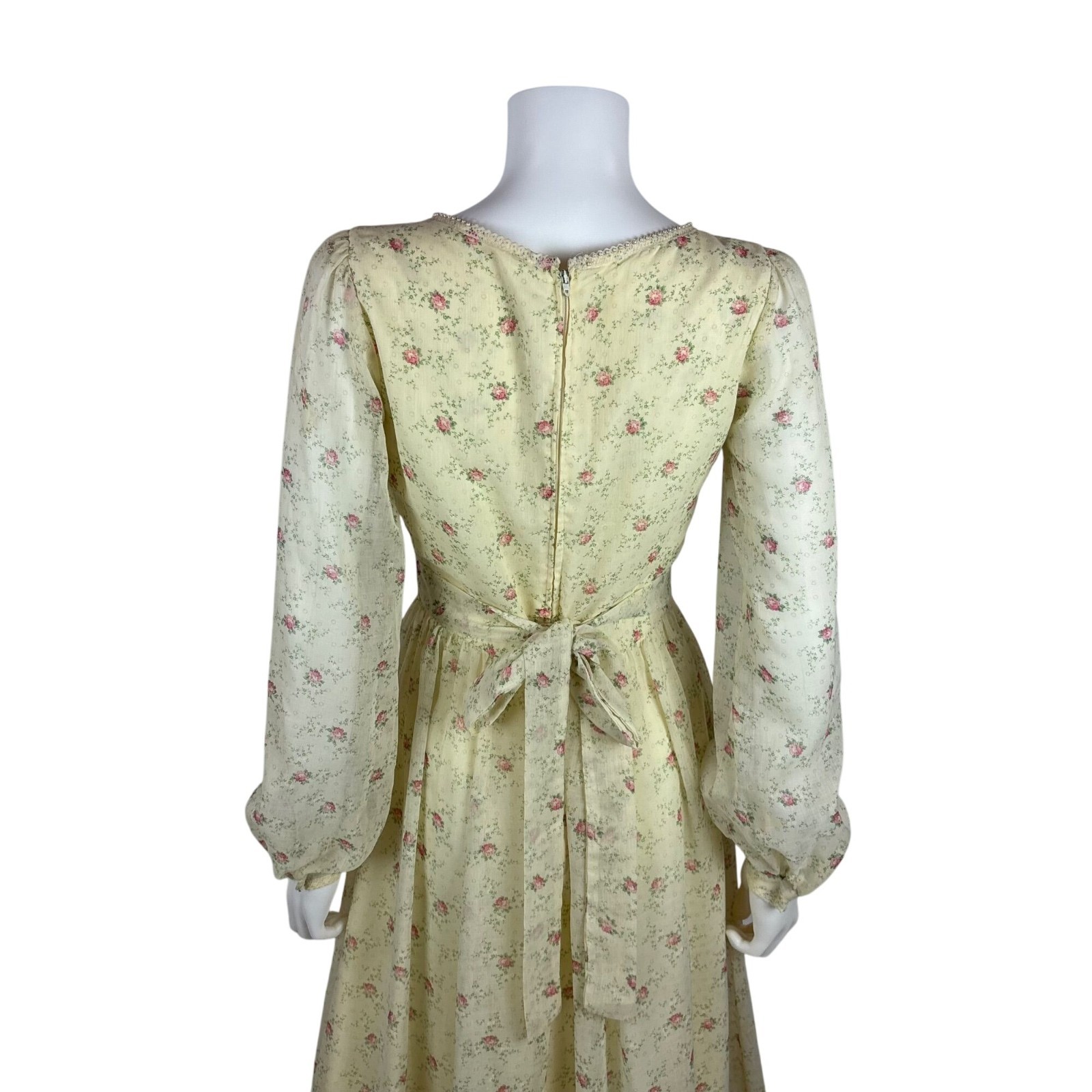 Vintage 70s Prairie Dress Womens Small Pink Rose Print Long Sleeve Gunne Sax
