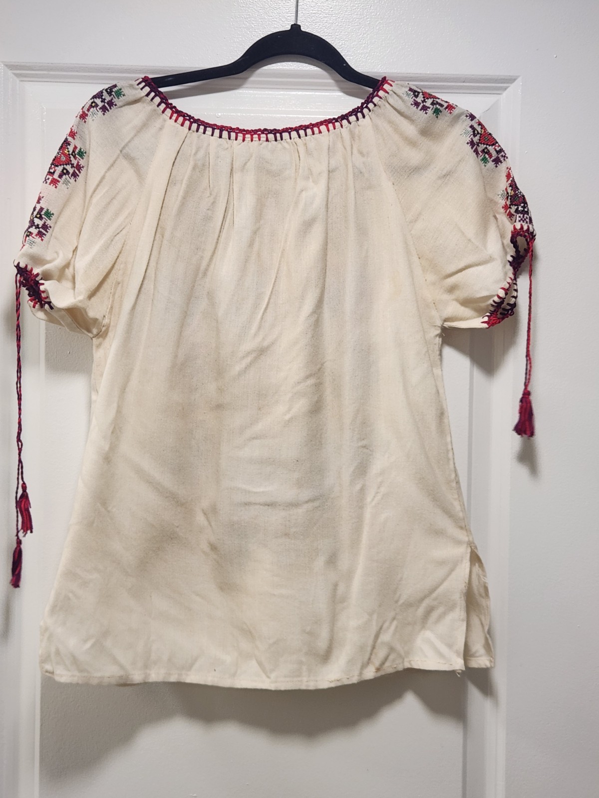 Vintage Hand Embroidered Romanian Folk Blouse Boho Ethnic Peasant Top White L/XL