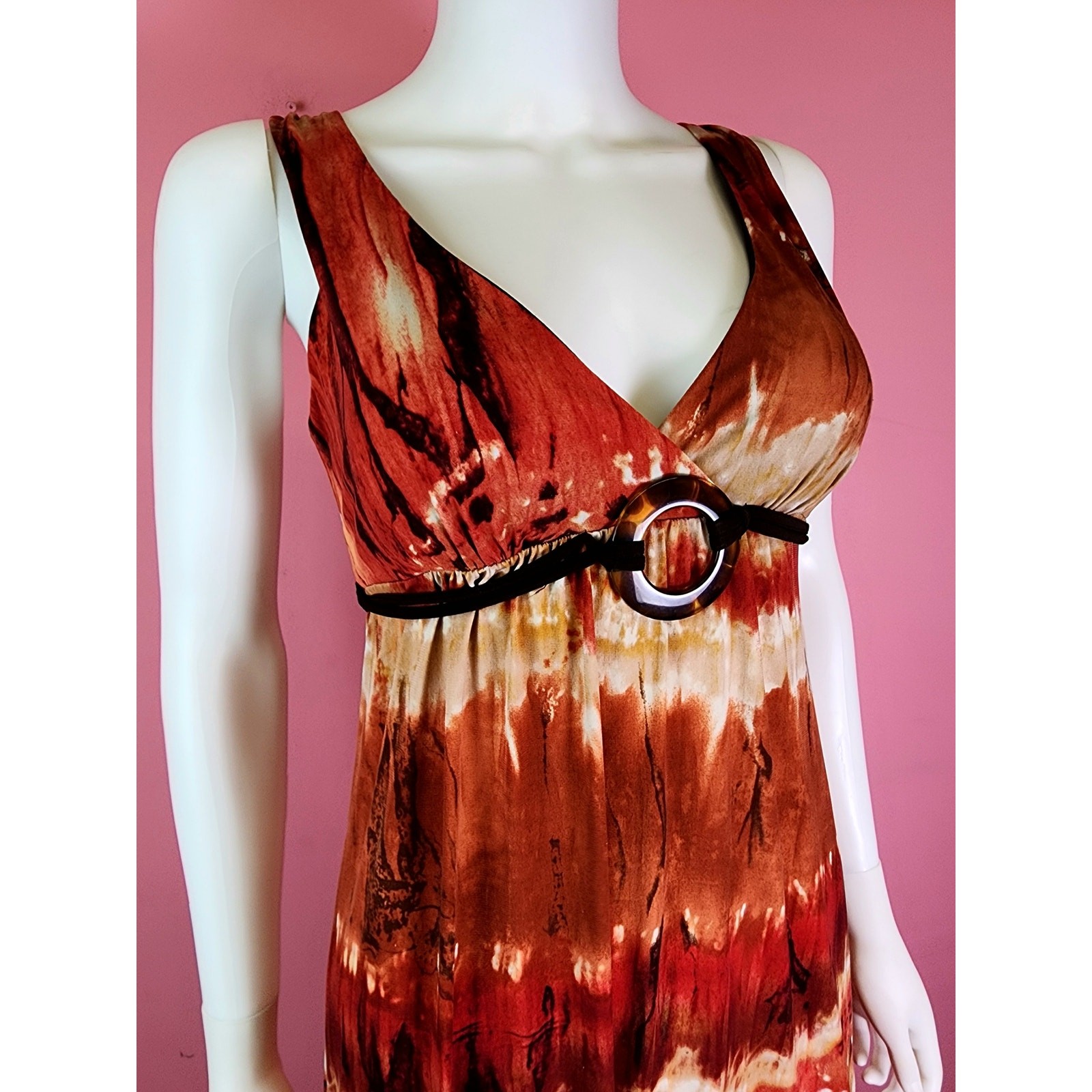 Vintage Y2K Fire Tie Dye Red Rust Brown Tortoise Shell Bead Maxi Dress by BCX