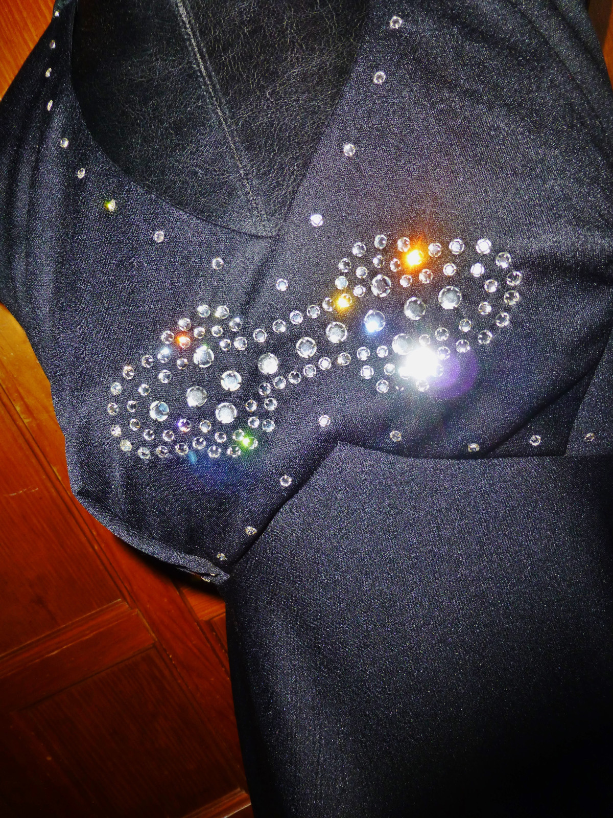 Vtg 70s Black Jersey Knit Rhinestones Boho Empire Disco Evening Maxi DRESS GOWN