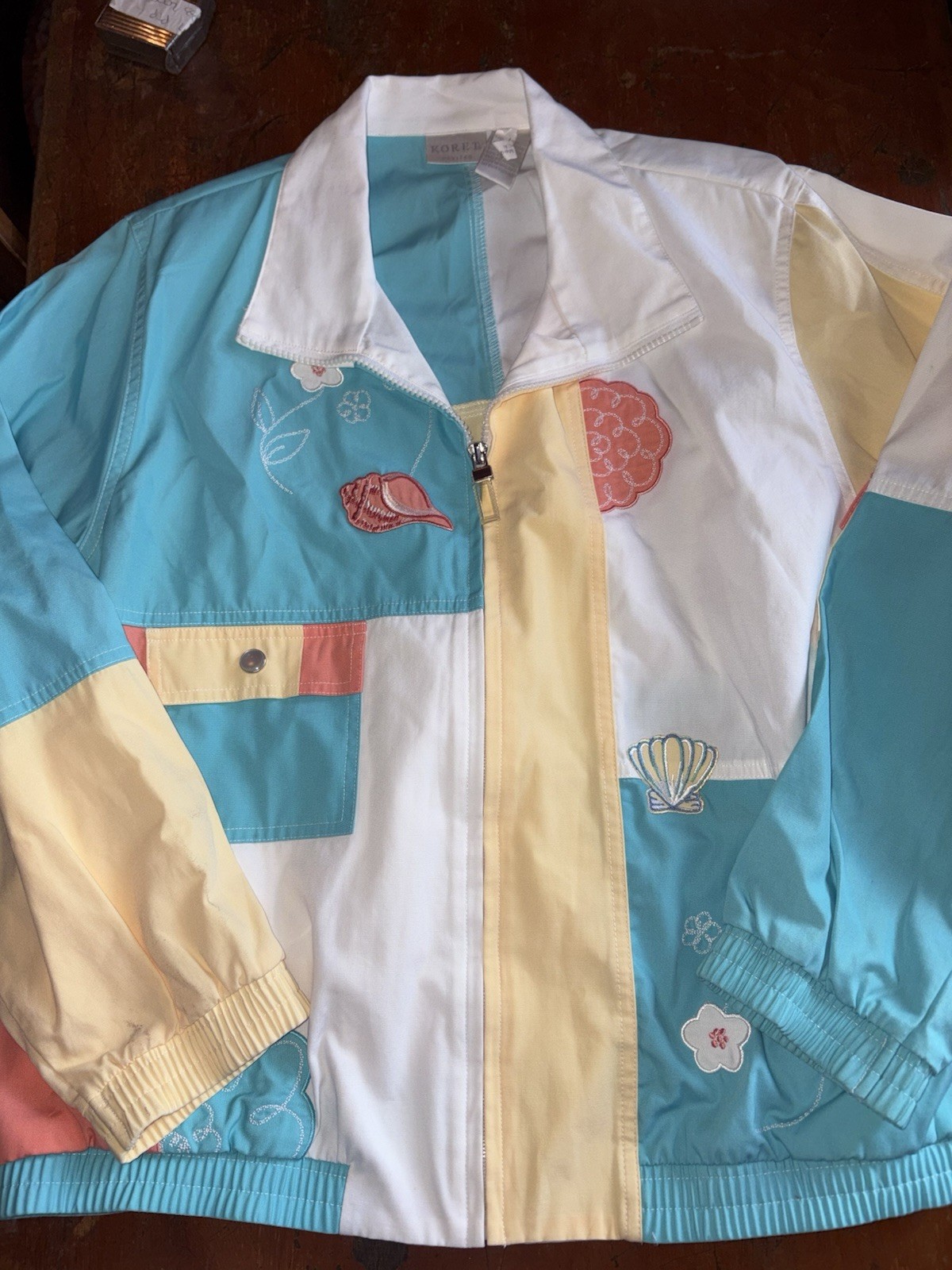 Vintage Koret Pastel Patchwork Embroidered Jacket XL Boho Coastal Grandma Beach