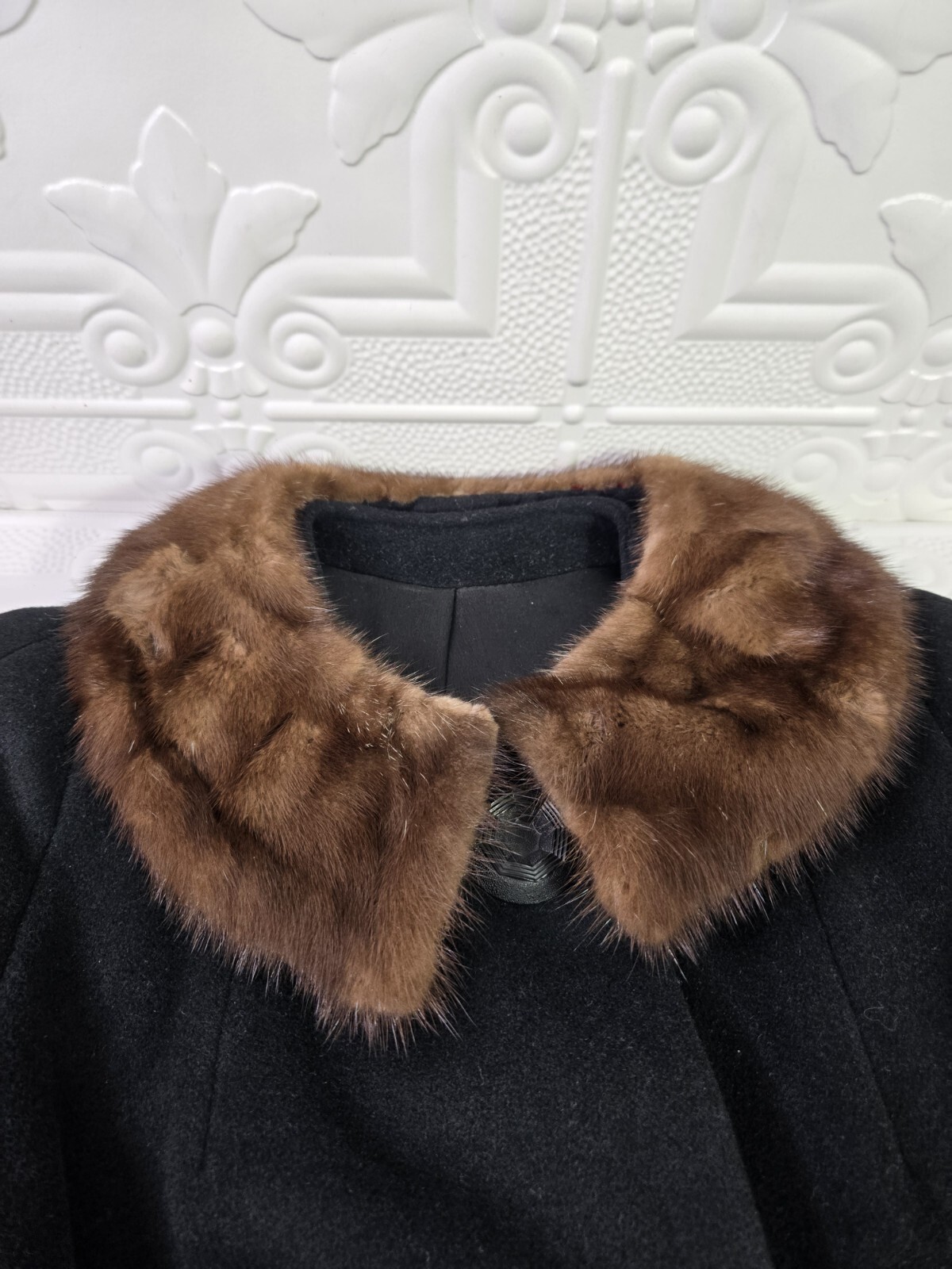 Vintage 40’s-60’s EINIGER Black Wool, Button-Down Fur Trim Collar Swing Coat