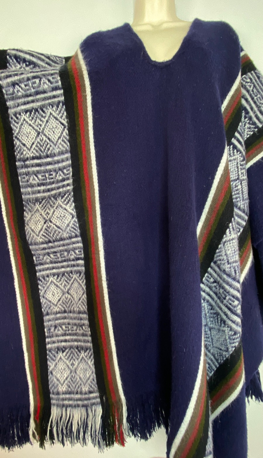 Vintage 1970s blue alpaca wool poncho long striped fringe unisex boho blanket