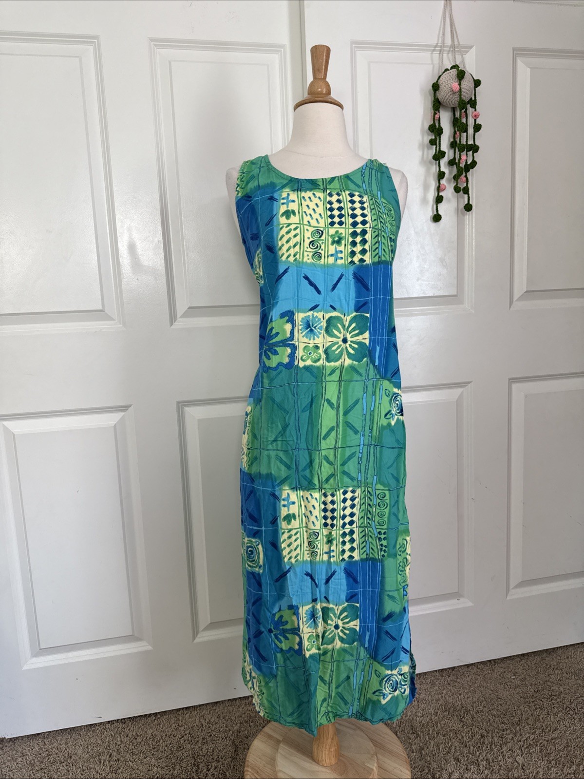 Vintage Big Hed Designs Dress Sz Xs Tropical Hawaiian Blue Green Maxi Long