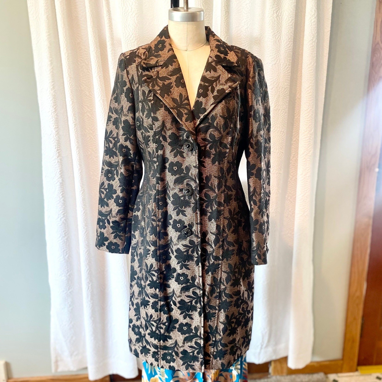 Vintage Brocade Trench Coat, Black Copper Metallic Floral, Size 12