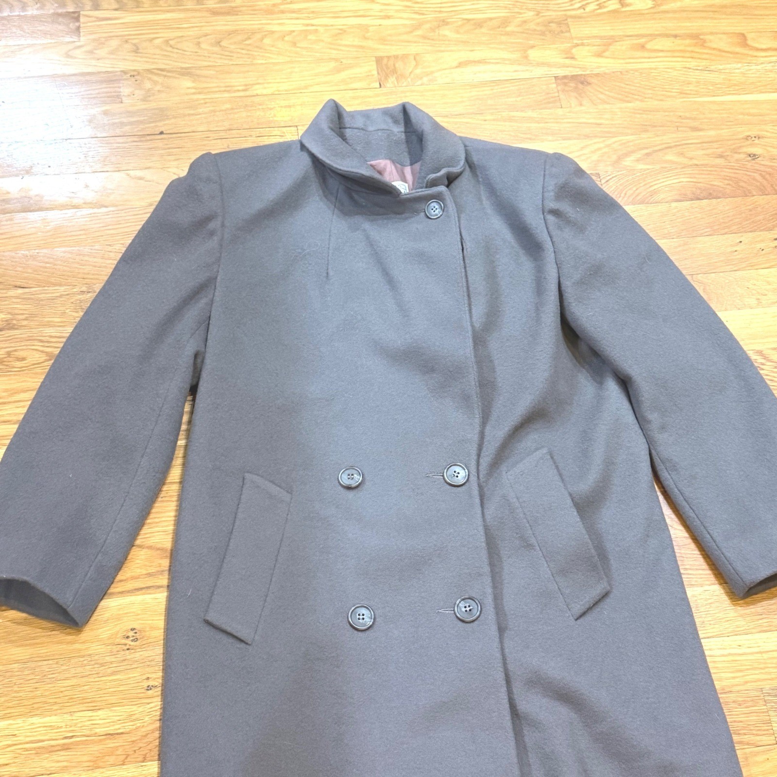 Jones New York JNY Gray 100% Pure Wool Double Breasted Funnel Neck Coat Vintage