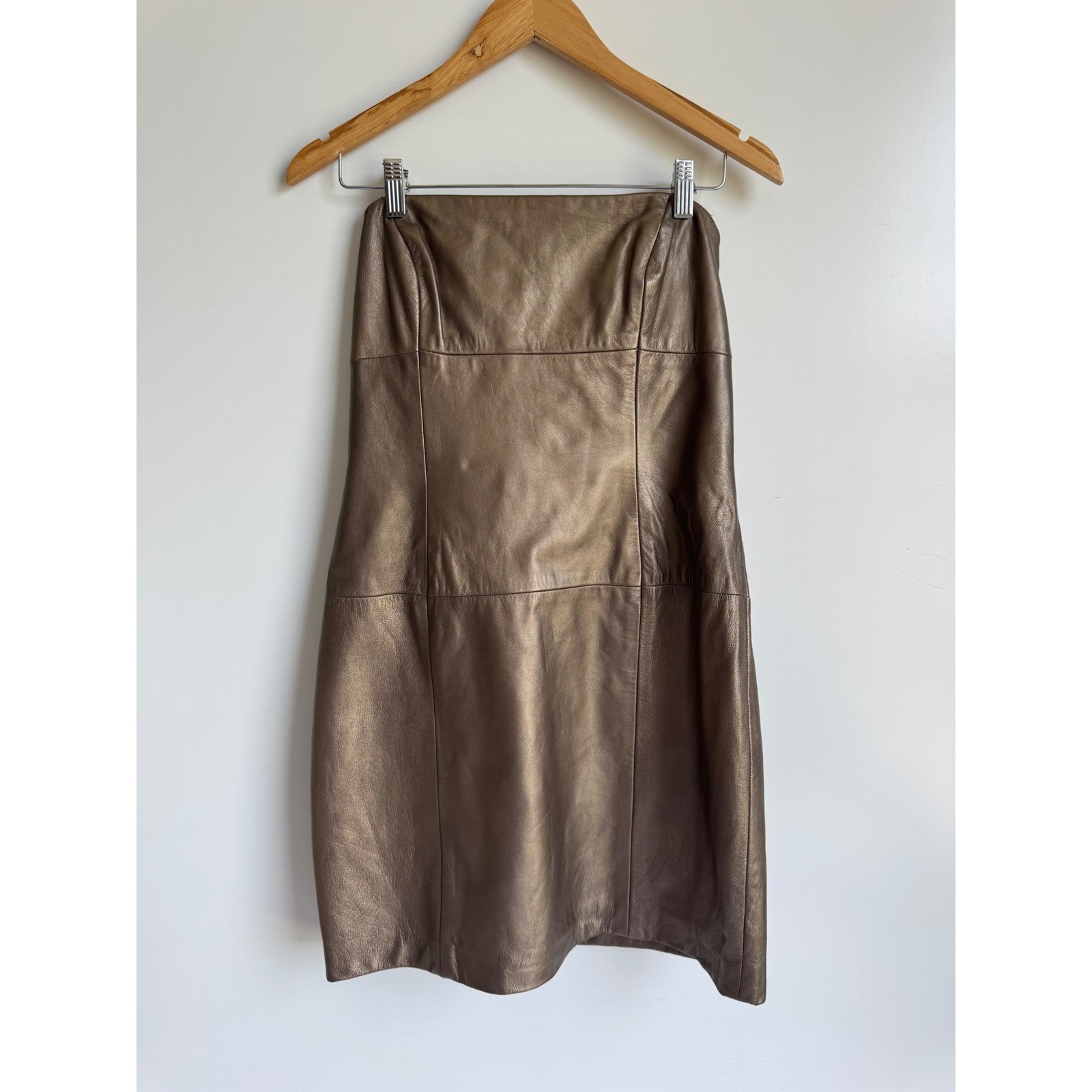 Vintage 100% Lamb Leather Strapless Mini Dress Size 12 Metallic Bronze edgy moto