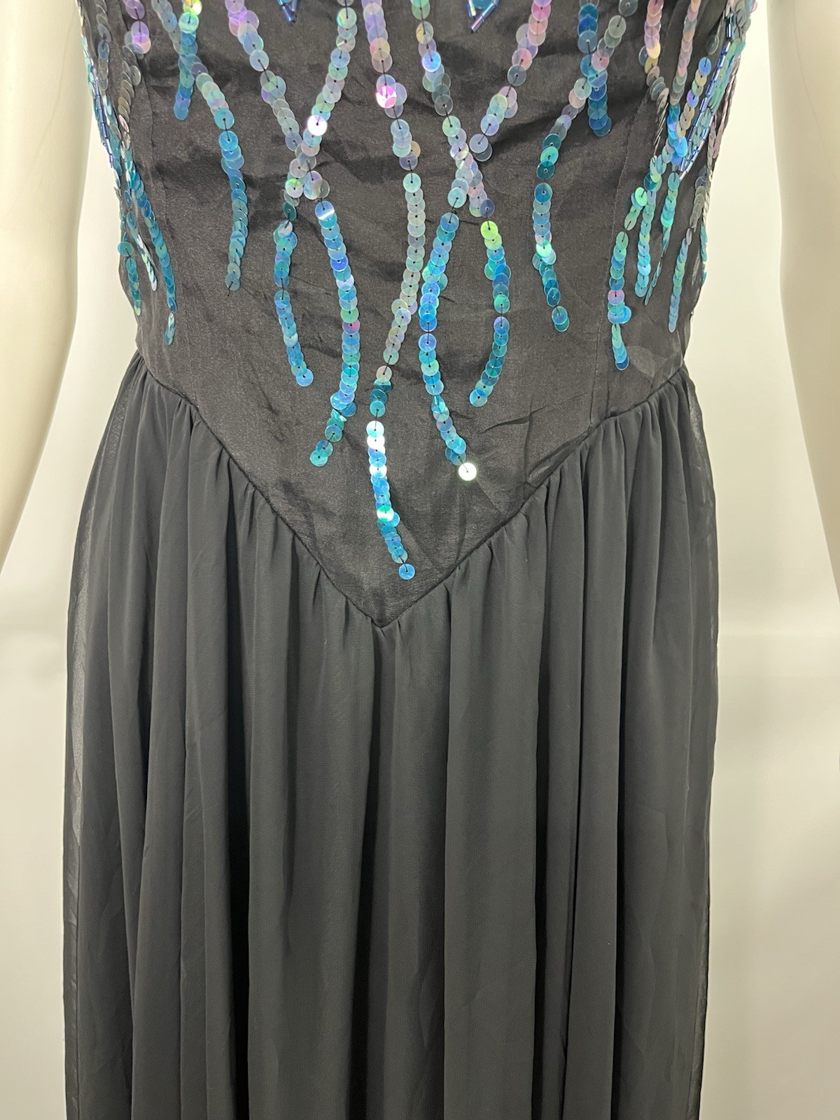VTG Casadei Strapless Black Dress Sequins Chiffon Flowy Fairy Sz S