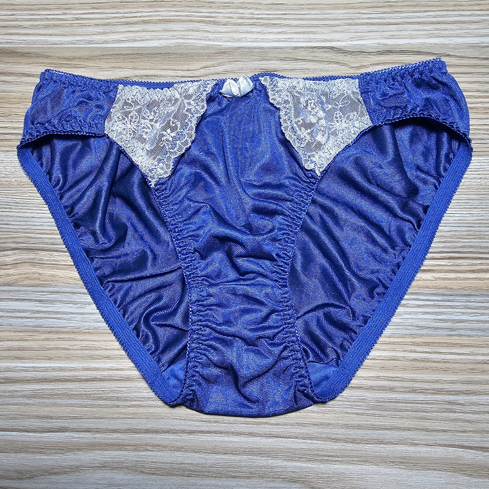 Vintage Silky Nylon Panty Sissy Lace Sheer Blue Hi Leg Brief Size 6/M Hip 36-39″