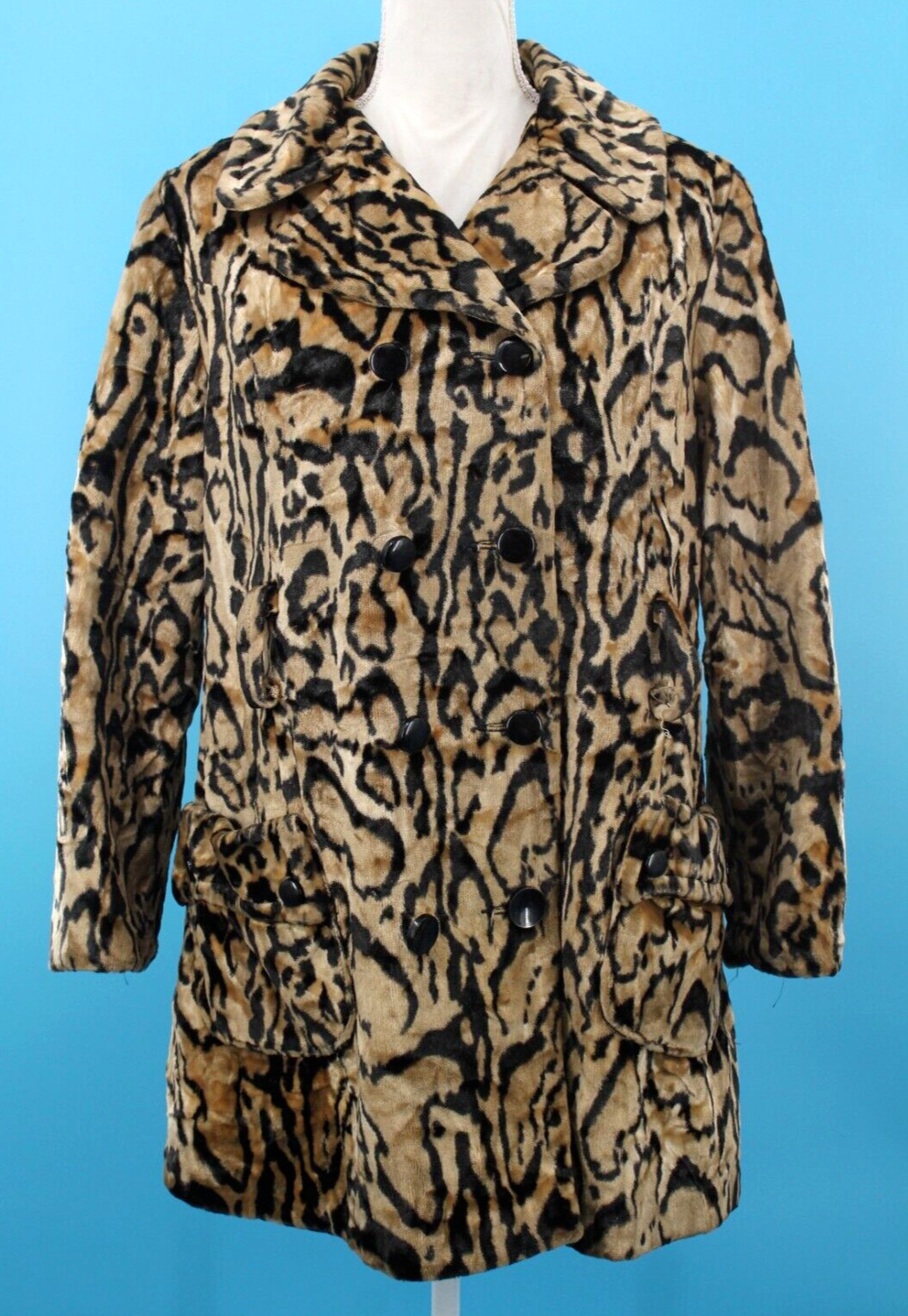 VTG Women’s 60s Jaguar Print Velvet Coat W/ Large Pockets & Belt Sz M/L 1960s