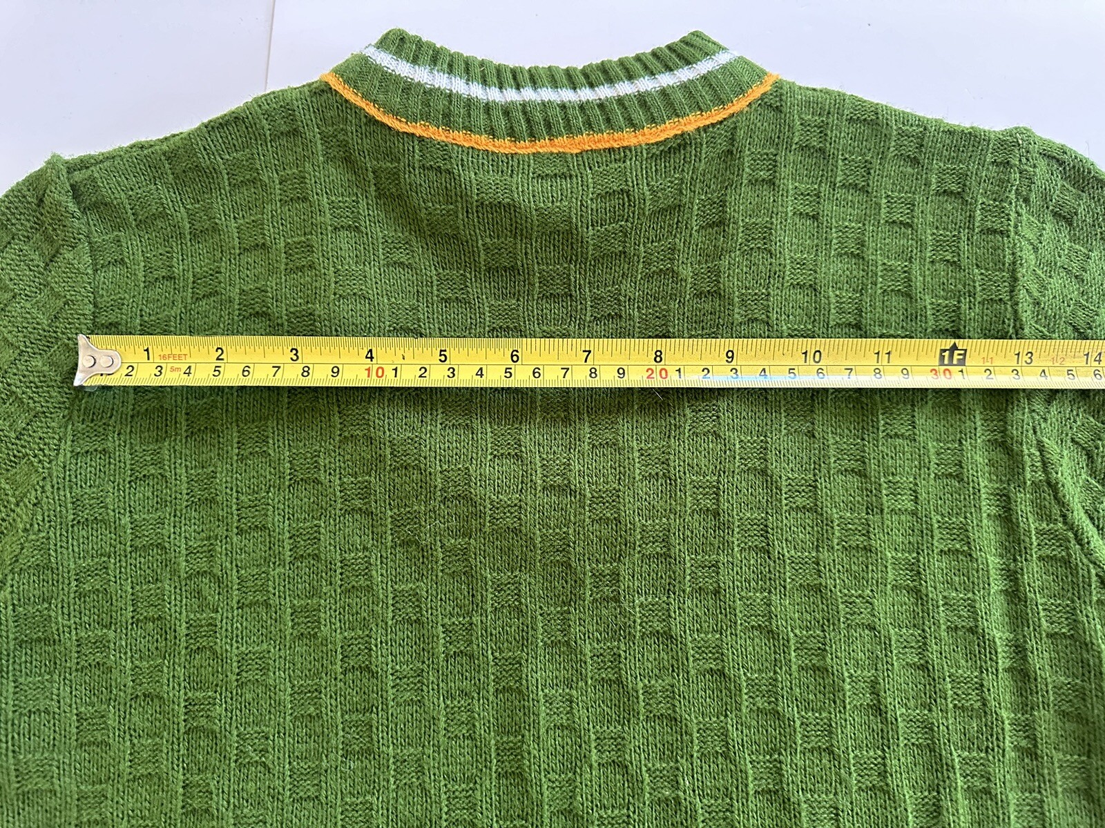 Vintage Banded Neck Acrylic Sweater Junior L 1960s 70s Scoop Green Basketweave
