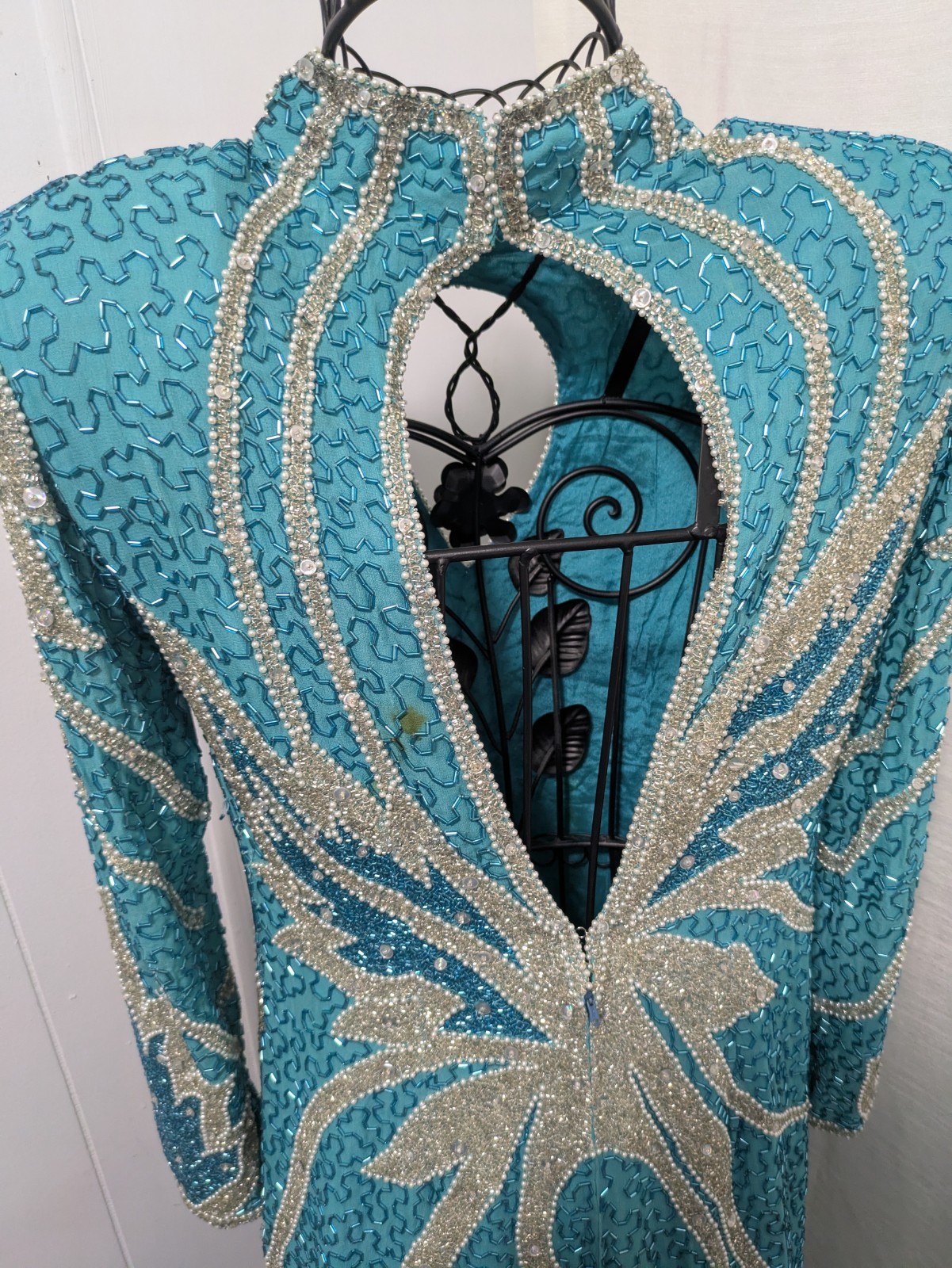 Vintage Naeem Khan Lillie Rubin Ladies L Silver Aqua Beaded Sequin Gown Long Slv