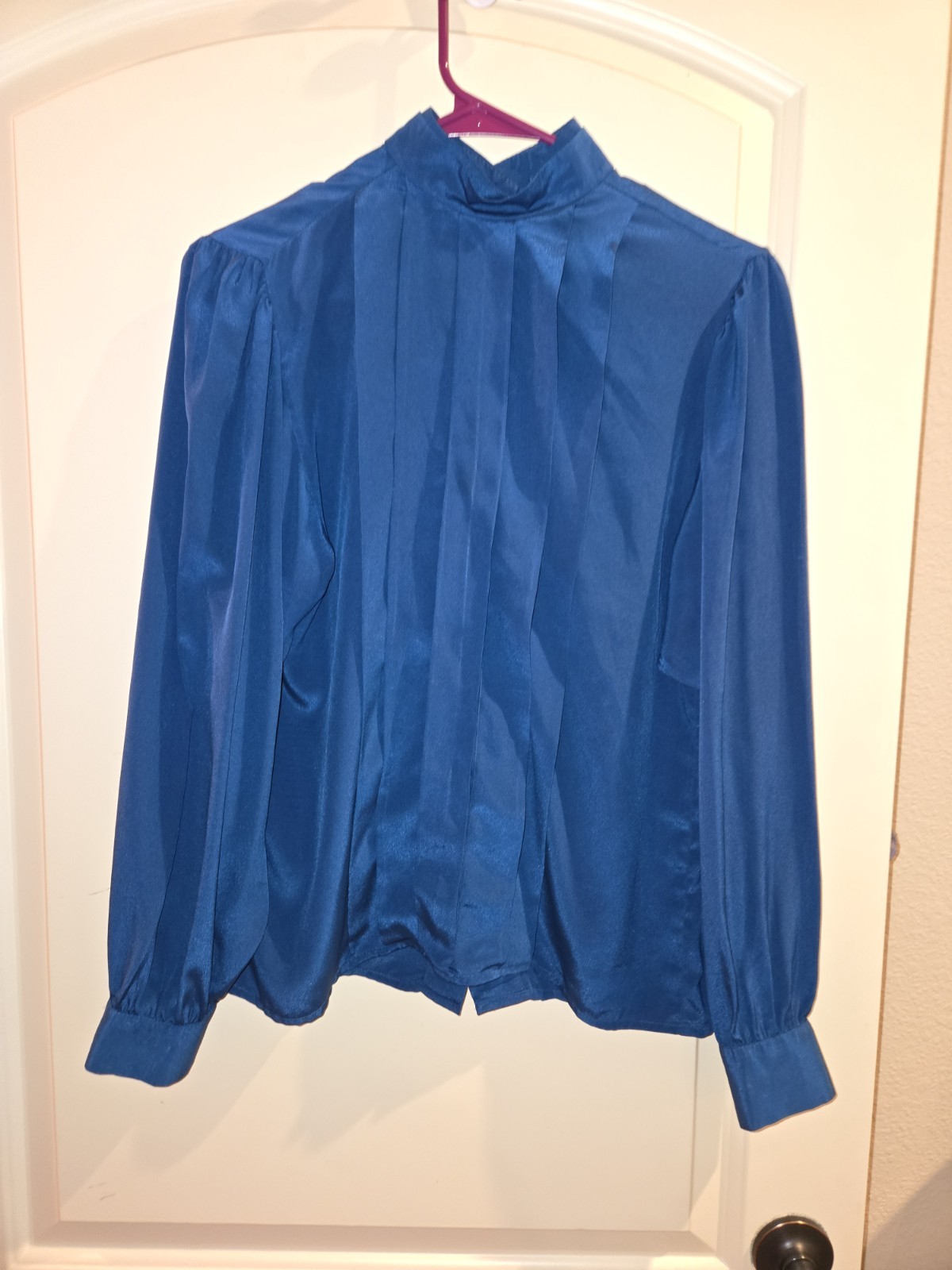 Howard Wolf Blouse Vintage Peacock Blue, Buttons Back, High Neck Double Collar