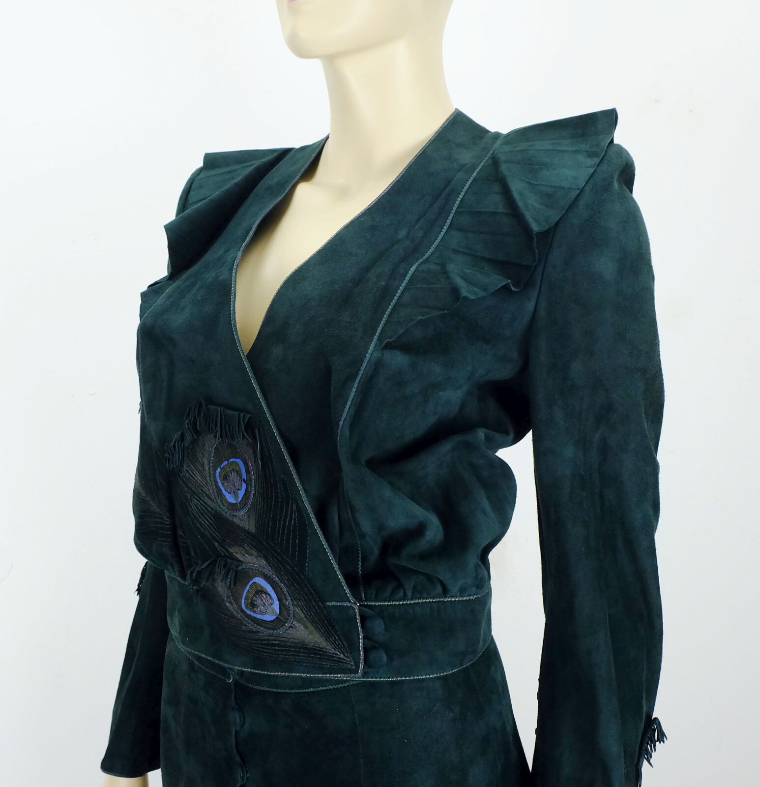 2pc DRESS costume roberto cavalli designer vintage 70s 80s suede green 36
