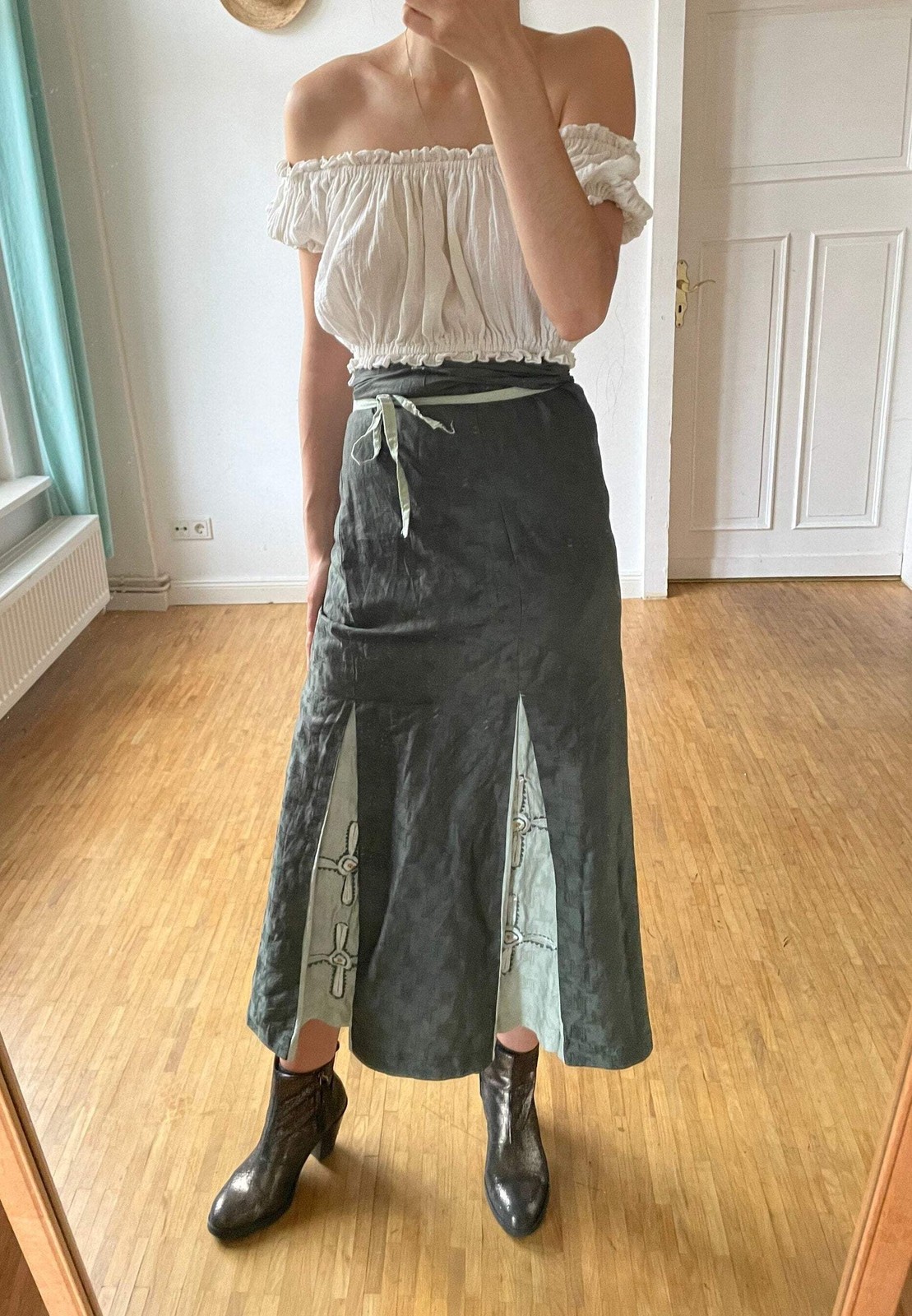 Handmade Sarong with embroidered cross, Vintage green summer skirt, costume, chu