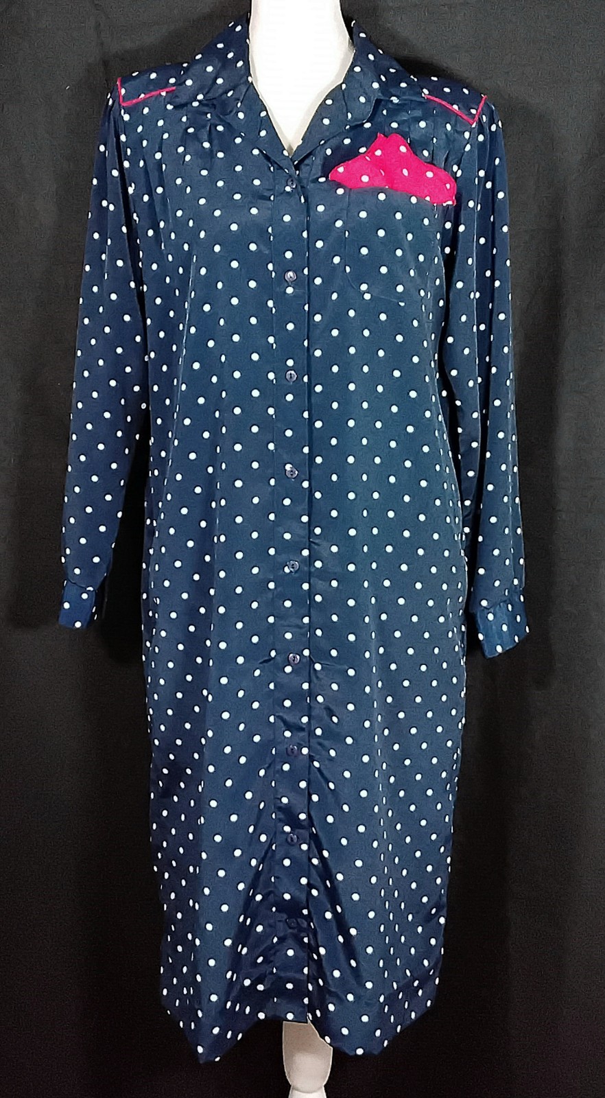 Vtg 80s Petites By Willi Blue Polkadots Button Down Shift Dress Sz L/XL P USA