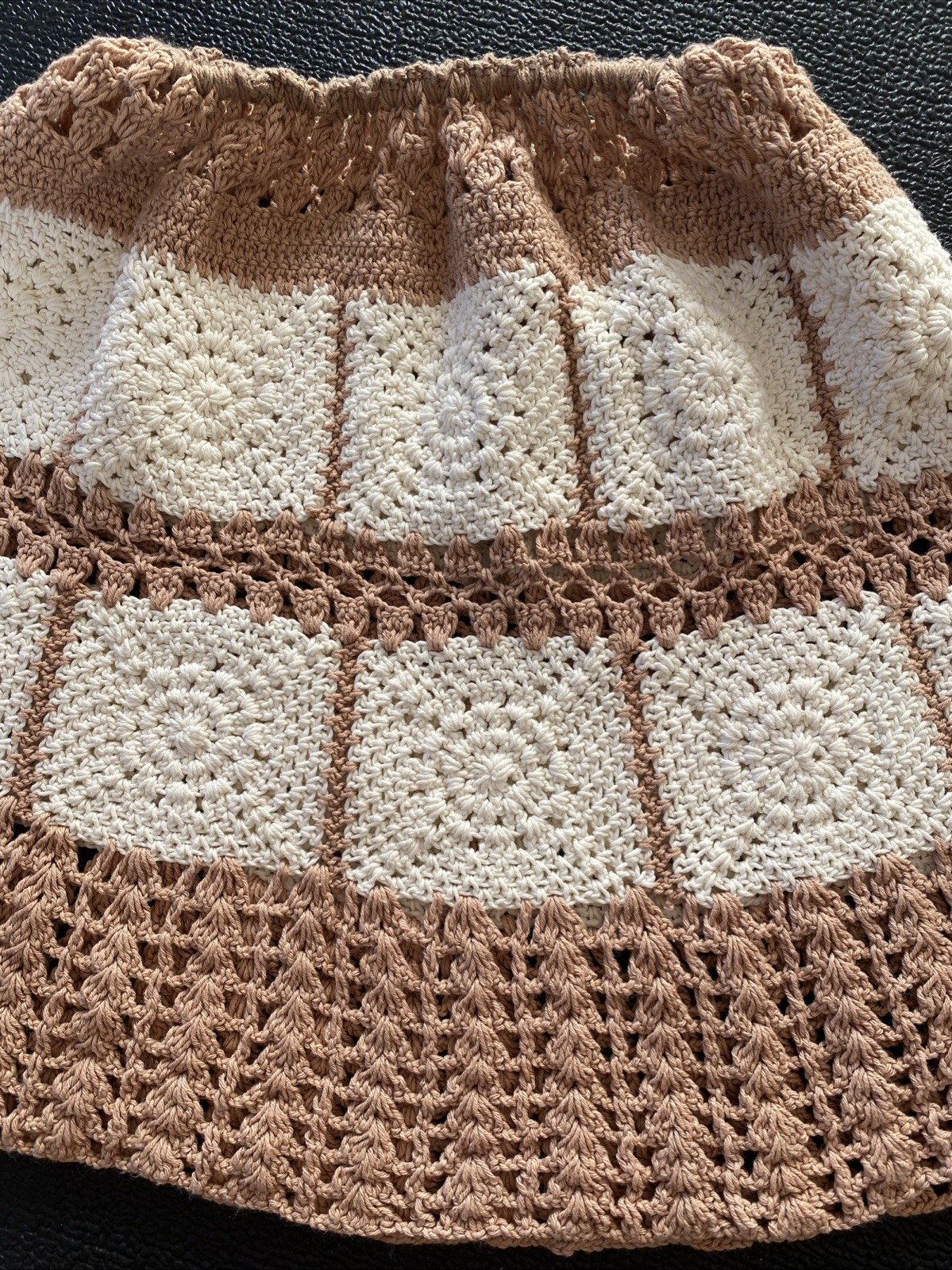 Vintage 60s 70s White And Light Brown/Beige Hand Crocheted Small