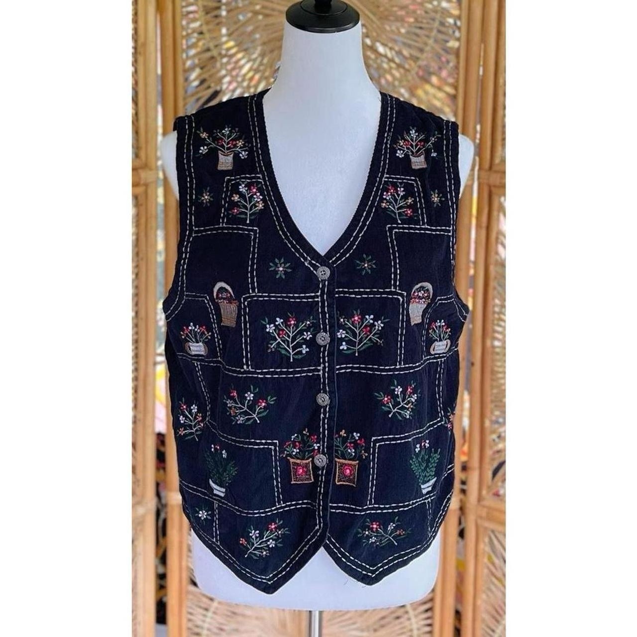 Vintage Van Heusen Dark Navy Blue Corduroy Embroidered Flowers Button Front Vest
