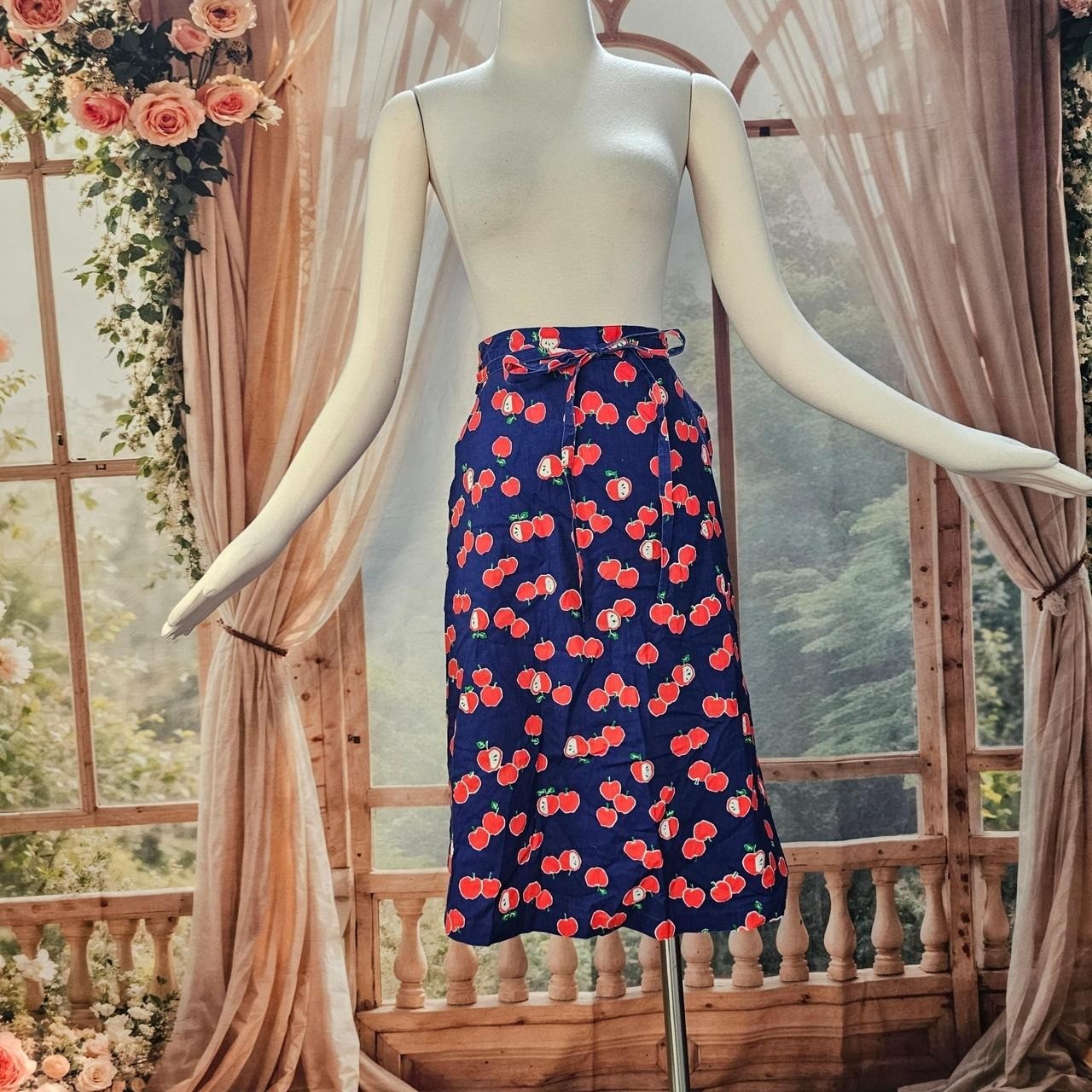 Vintage 1970s Wrap Skirt Navy Blue Red Apple Print Tie Closure Magic Union Label