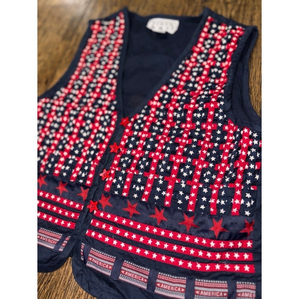 Vintage KEREN HART Size L 100% Cotton Vest Button Down Stars and Stripes Quilt