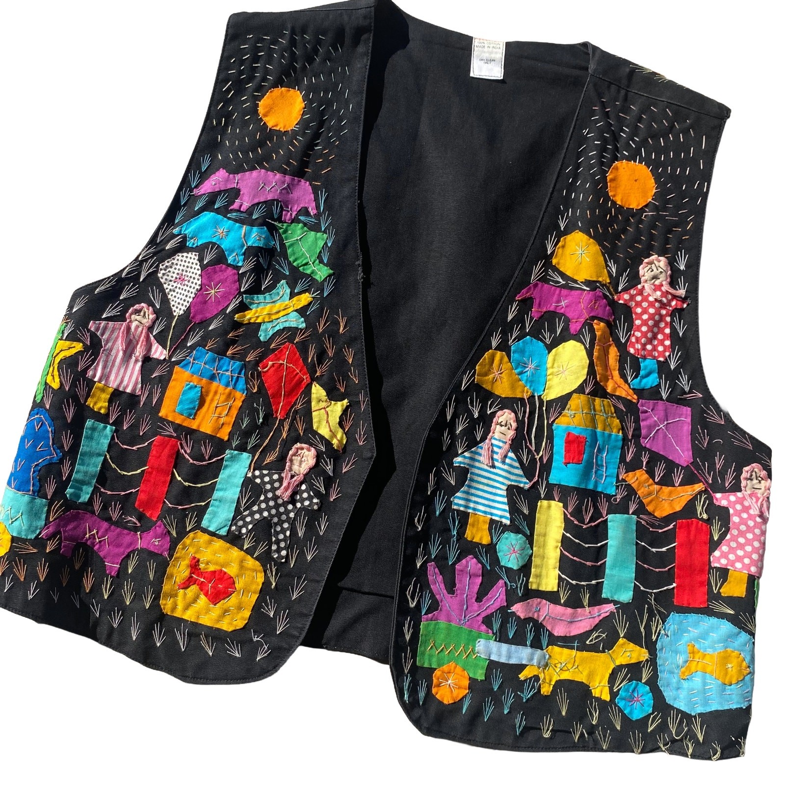Rare VTG Hand Patched Vest Sz M Multicolor Cotton Animal Motif Novelty Ethnic