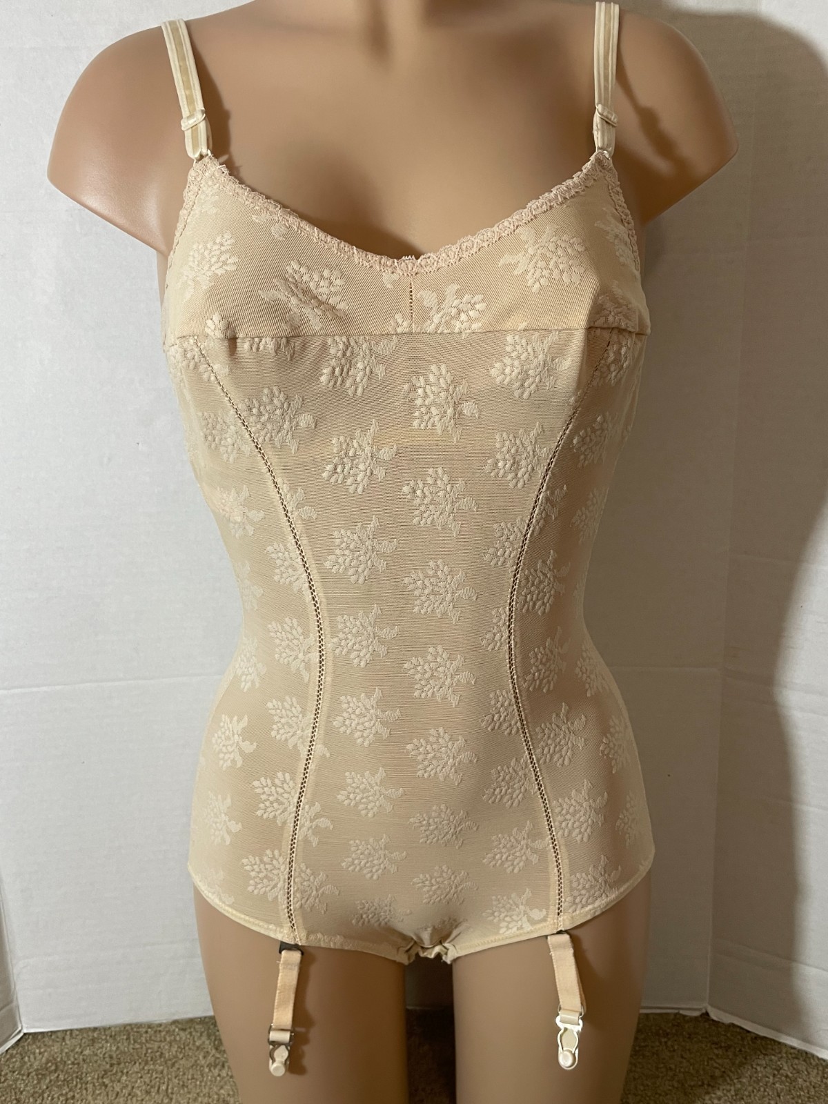 36B Vtg LILY OF FRANCE All in One Girdle Bodysuit Bra Body Shaper Floral RARE