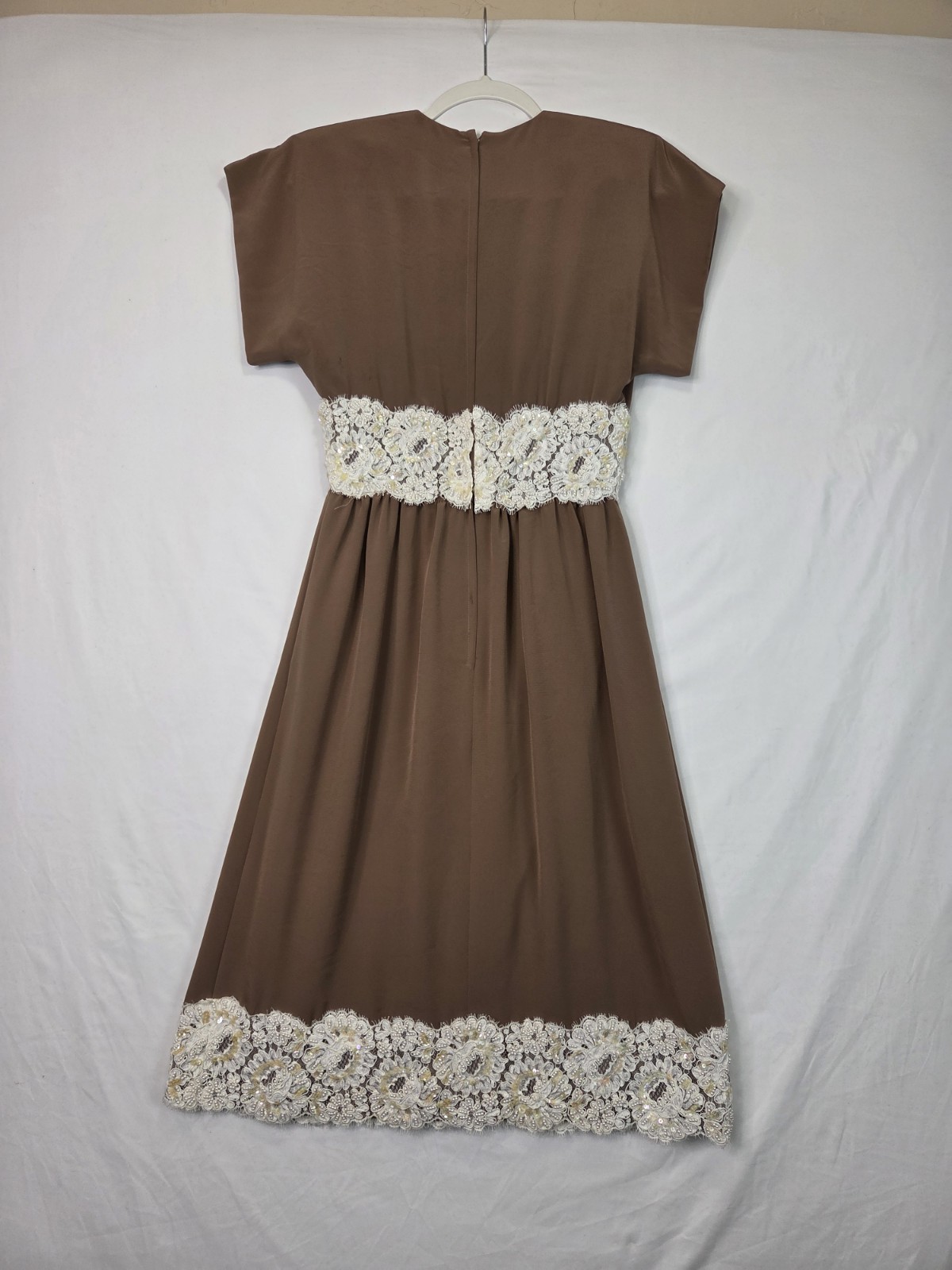 VTG William Pearson Brown Midi Dress Beaded Lace Trim Made USA Size 6 70s 80s