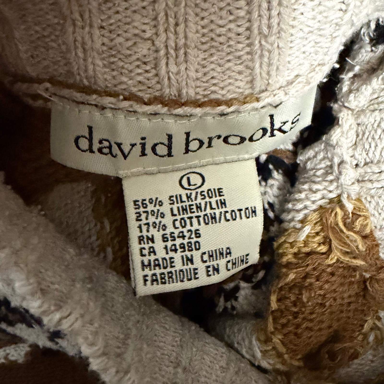 Vintage David Brooks 80: Sweater Vest L Tan Animal Print Silk Linen Mock Neck