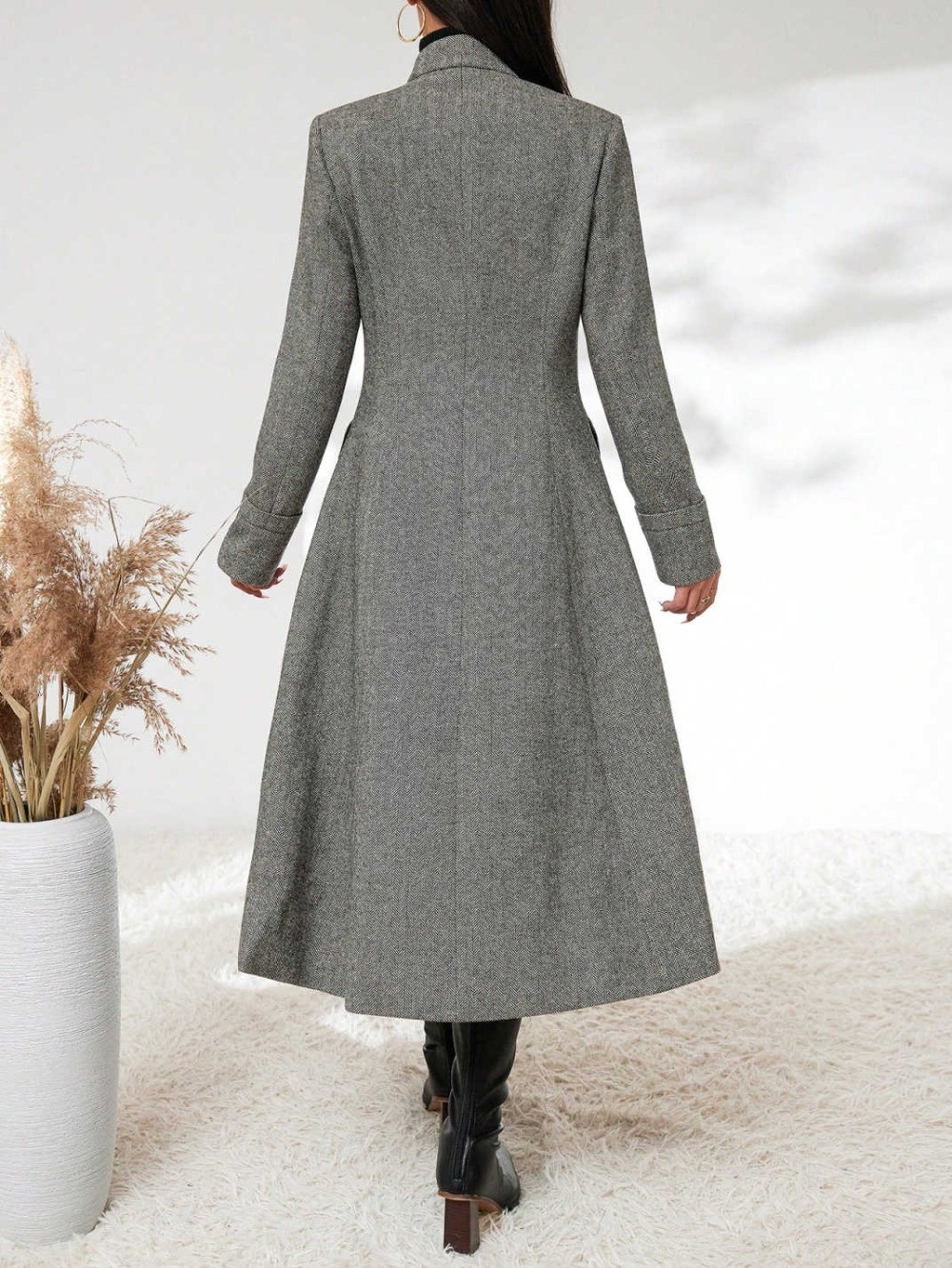 Ladies Grey Coat Herringbone Jacket Hem Skirt Tweed Winter Long Business