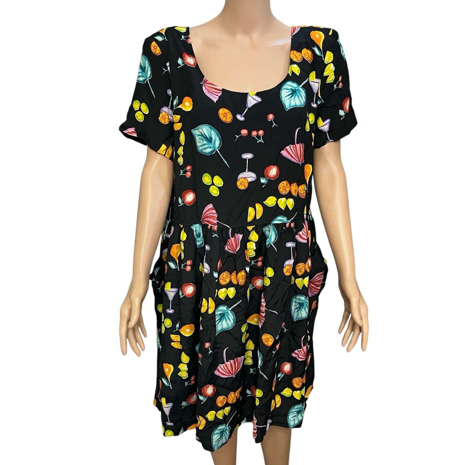90s VTG Clues Collections Fruit Print Mini Dress Size 16 Black Short Sleeve