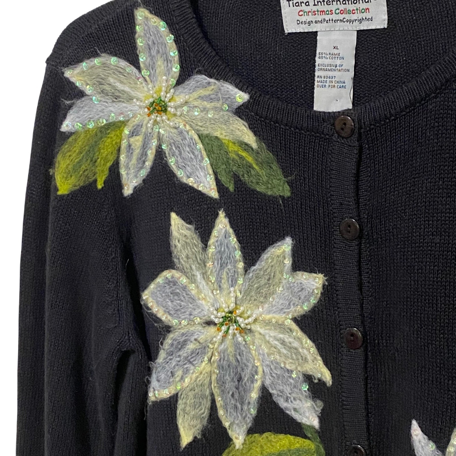 Vintage 80s Holiday Christmas Cardigan Sweater Poinsettia XL Dark Gray Beaded