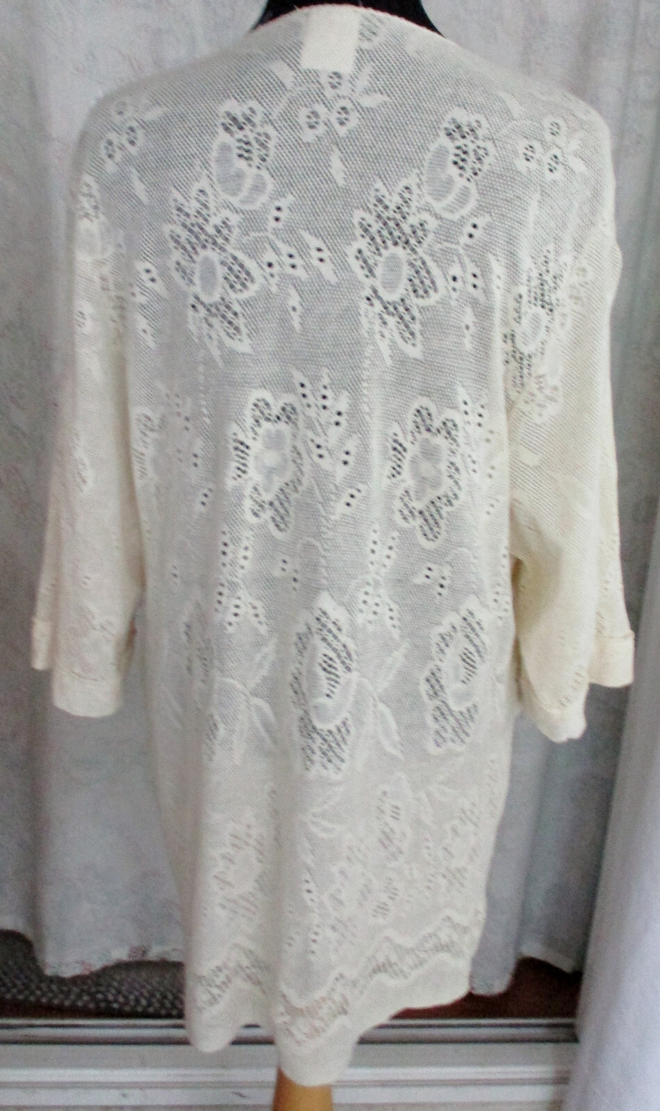 VTG Lace MED Crocheted Open Front Jacket Light Coverup w/ Pockets Made in France