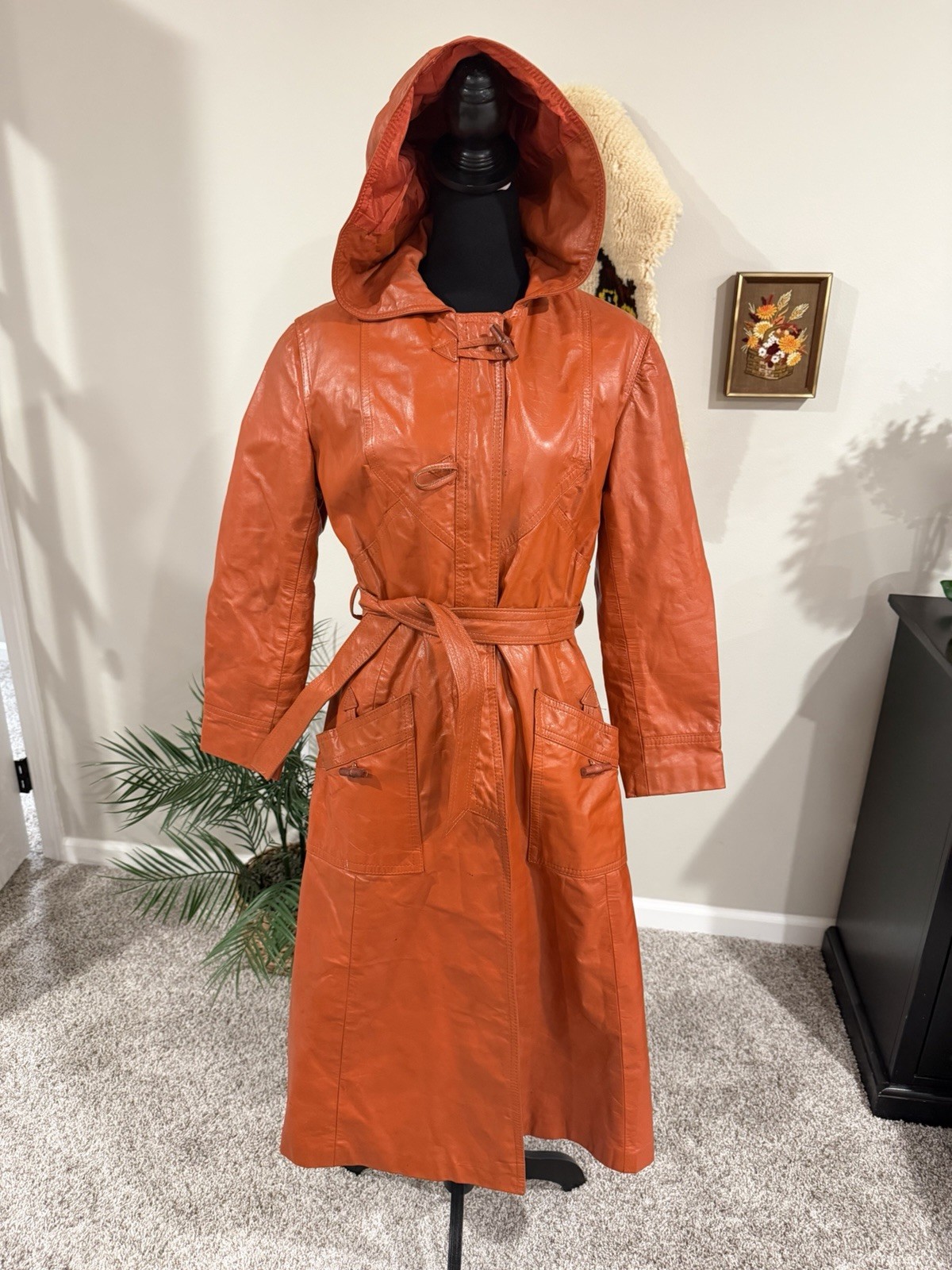 Vintage 1970s Orange Leather Hooded Trench Coat