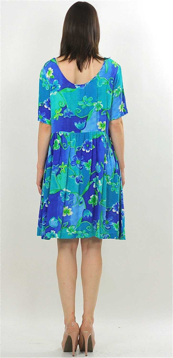 Vintage VTG 90s Grunge dress Boho Hippie blue neon floral mini dress