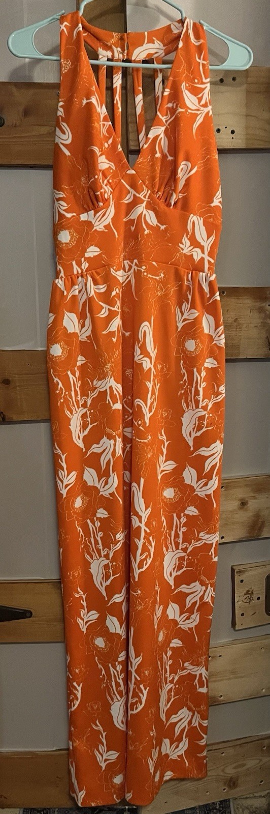 VTG 60s Lou-Ette California Mod Maxi Dress Halter Orange Floral Bombshell 5/6