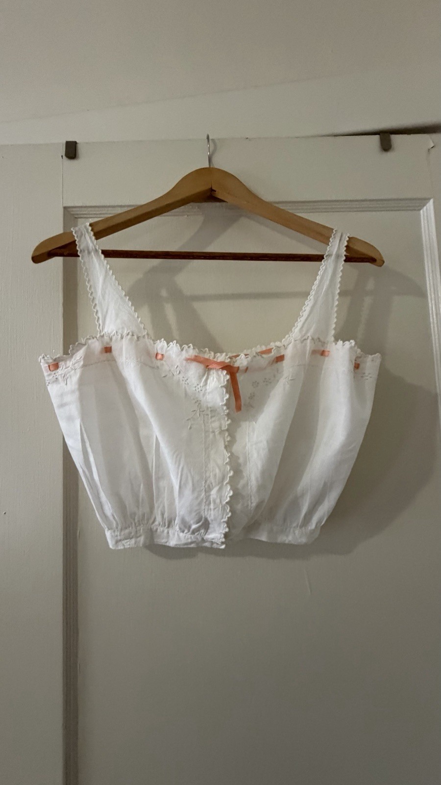 Antique 1900s White Cotton Camisole / Chemise CrochetLace & Pink Ribbon