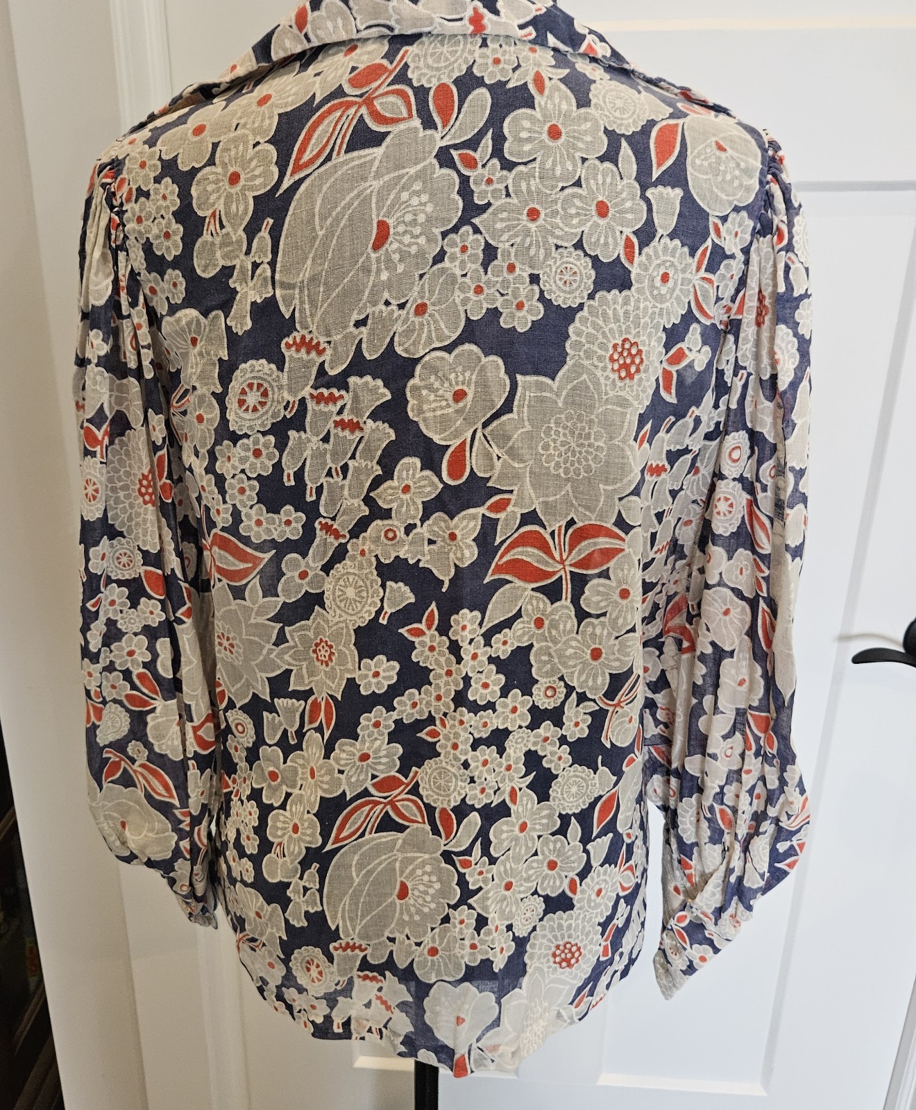 VTG 1960s Hand Made Red White Blue Floral Sheer Button Up Blouse Dagger Collar
