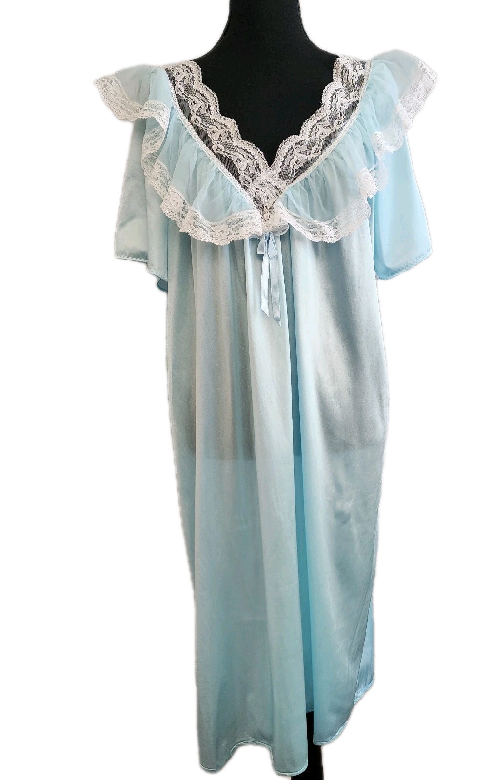 Vintage 80s Romantic Moods Nylon Nightgown Lace Trim Blue Ruffle SZ M Cottagecor