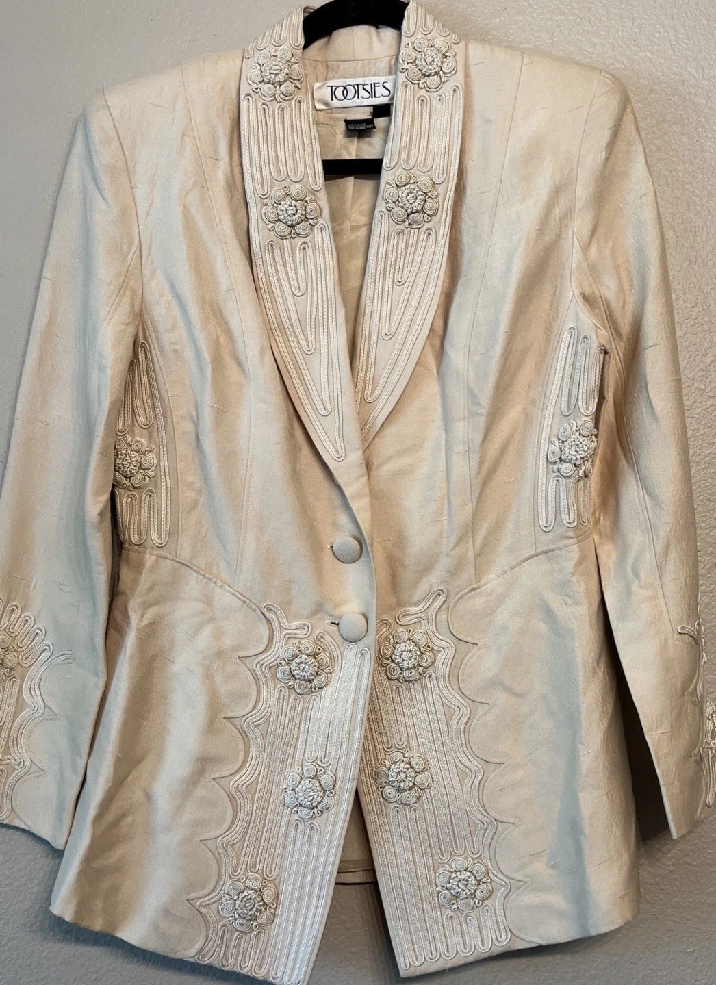 Vintage Tootsies Ivory Raw Silk Soutache Embroidery Blazer Jacket Size 8