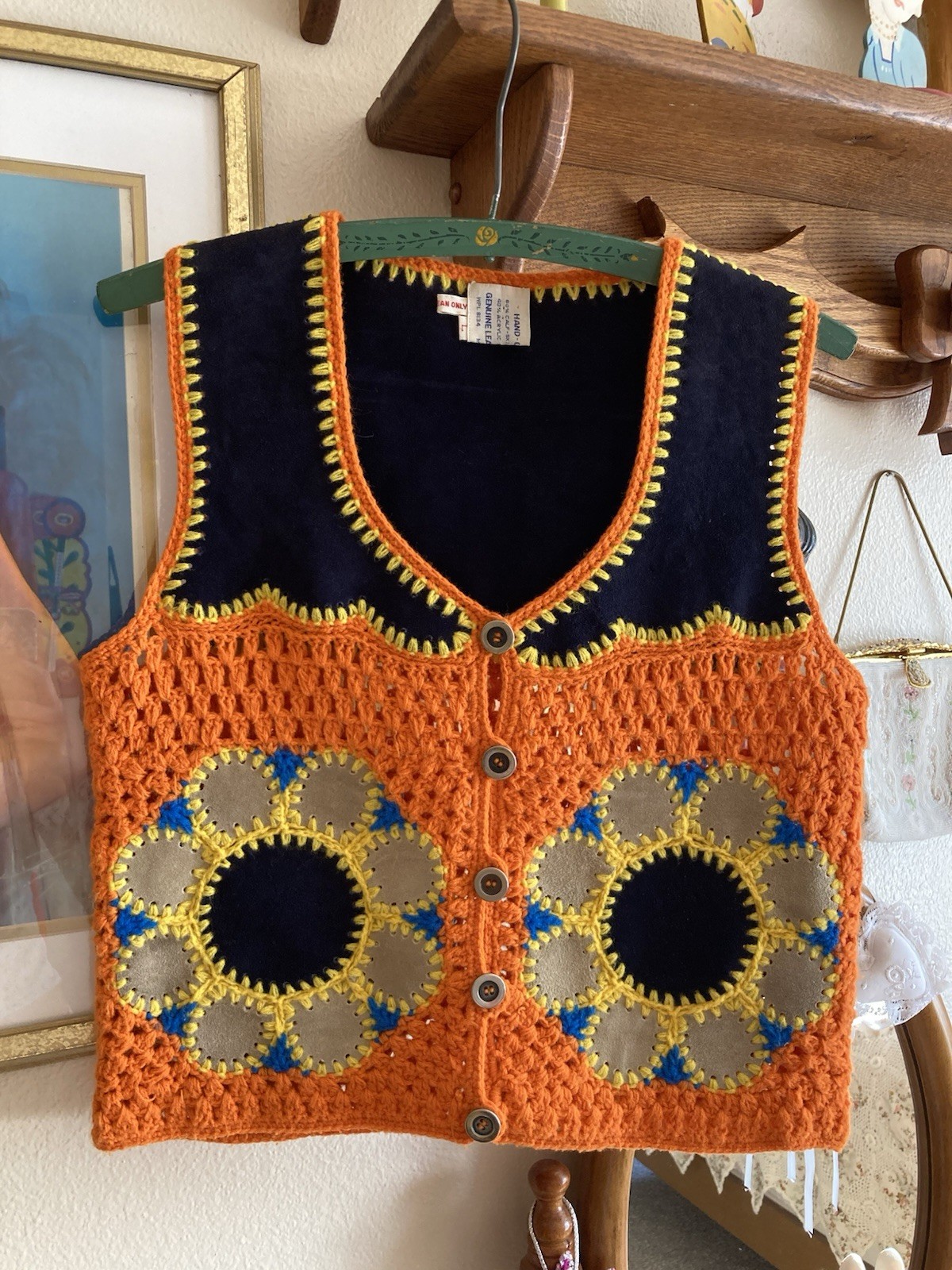 1970s Flower Power Suede Crochet Vest – Bust 34in