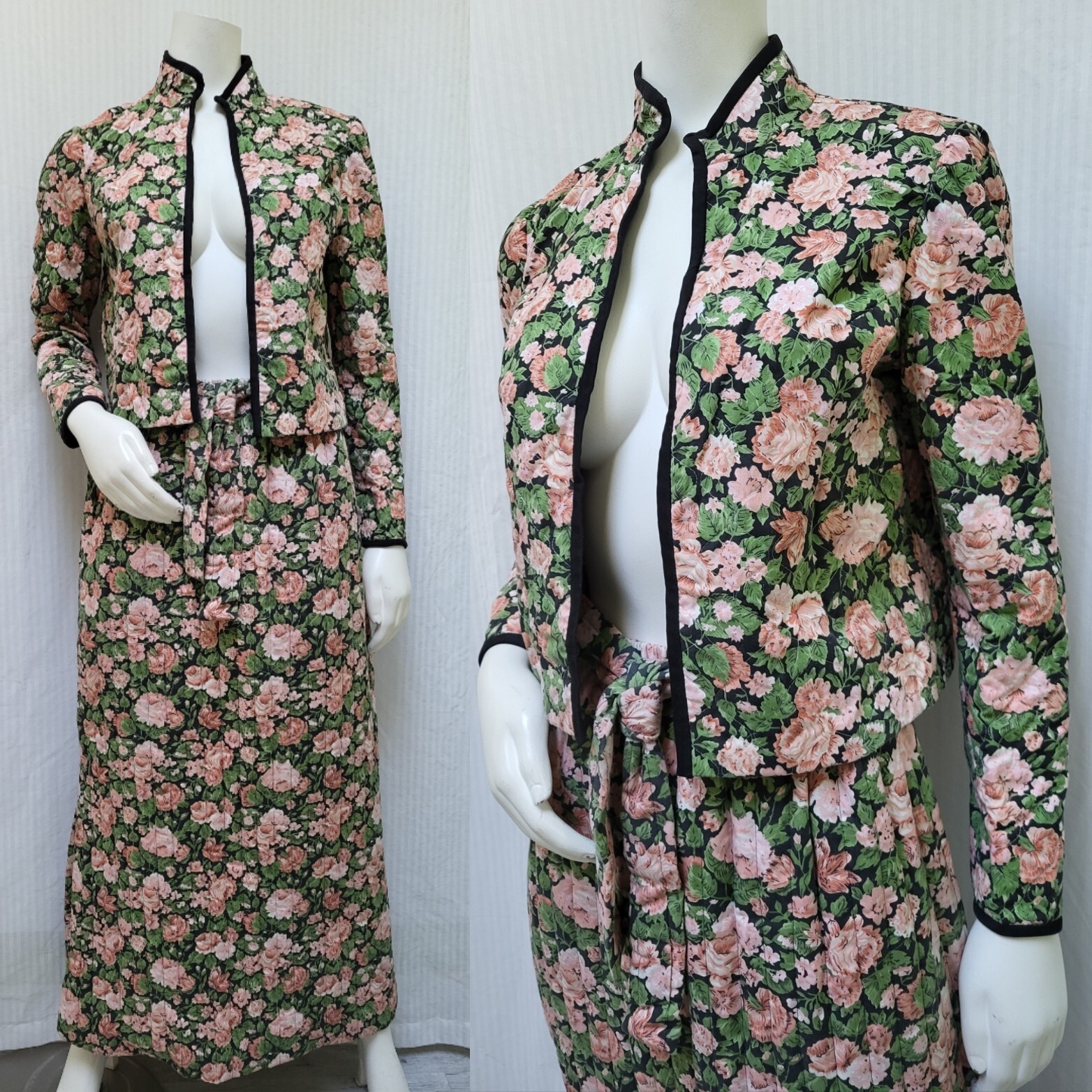 3 Piece Vintage Black & Pink Floral Quilted Jacket, Skirt & Belt – Size M – EUC